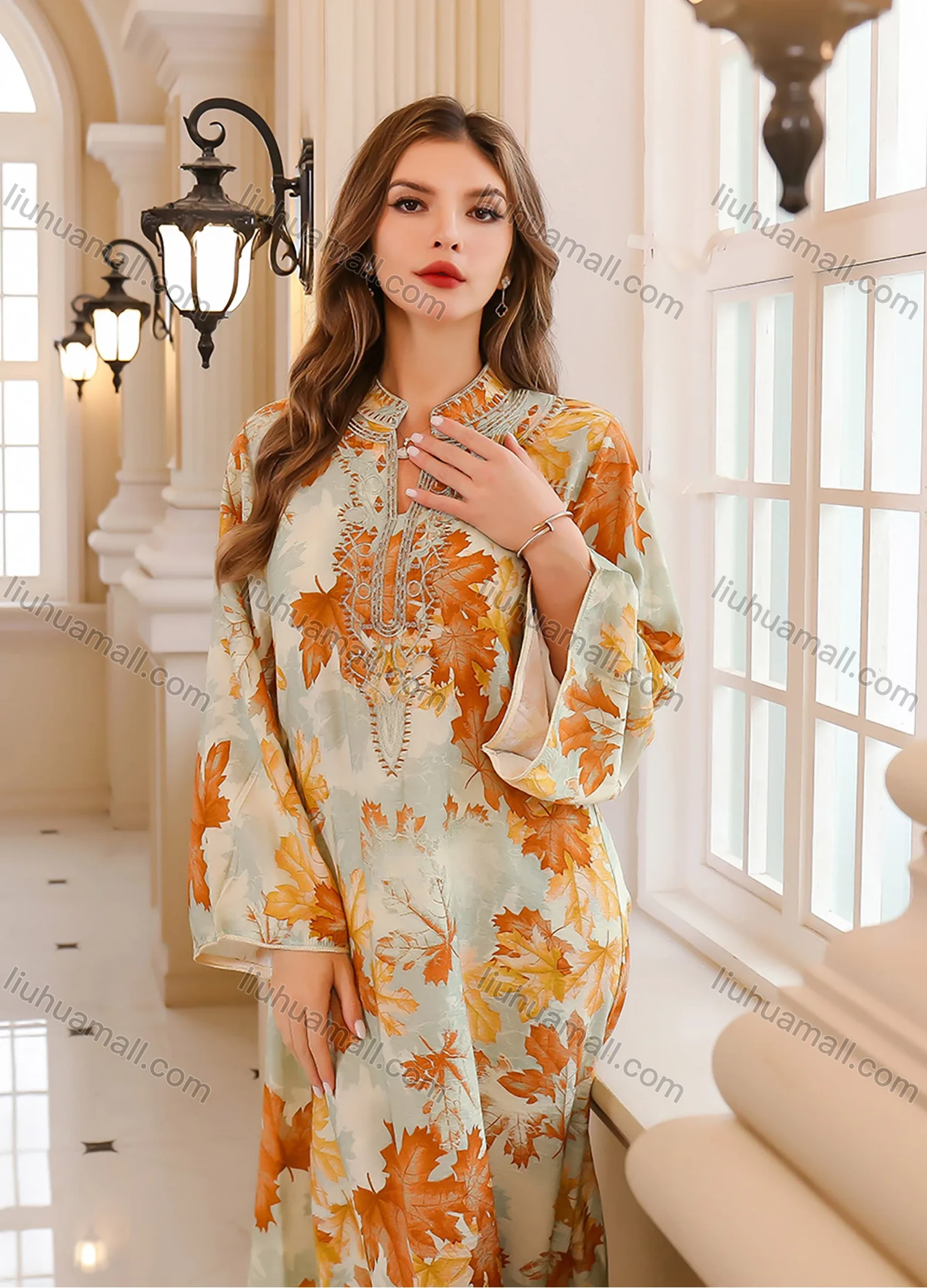 Wholesale Women's Elegant Muslim Leaf Print Embroidery Notched Stand Collar Long Sleeve Dubai Abaya Dress - Liuhuamall