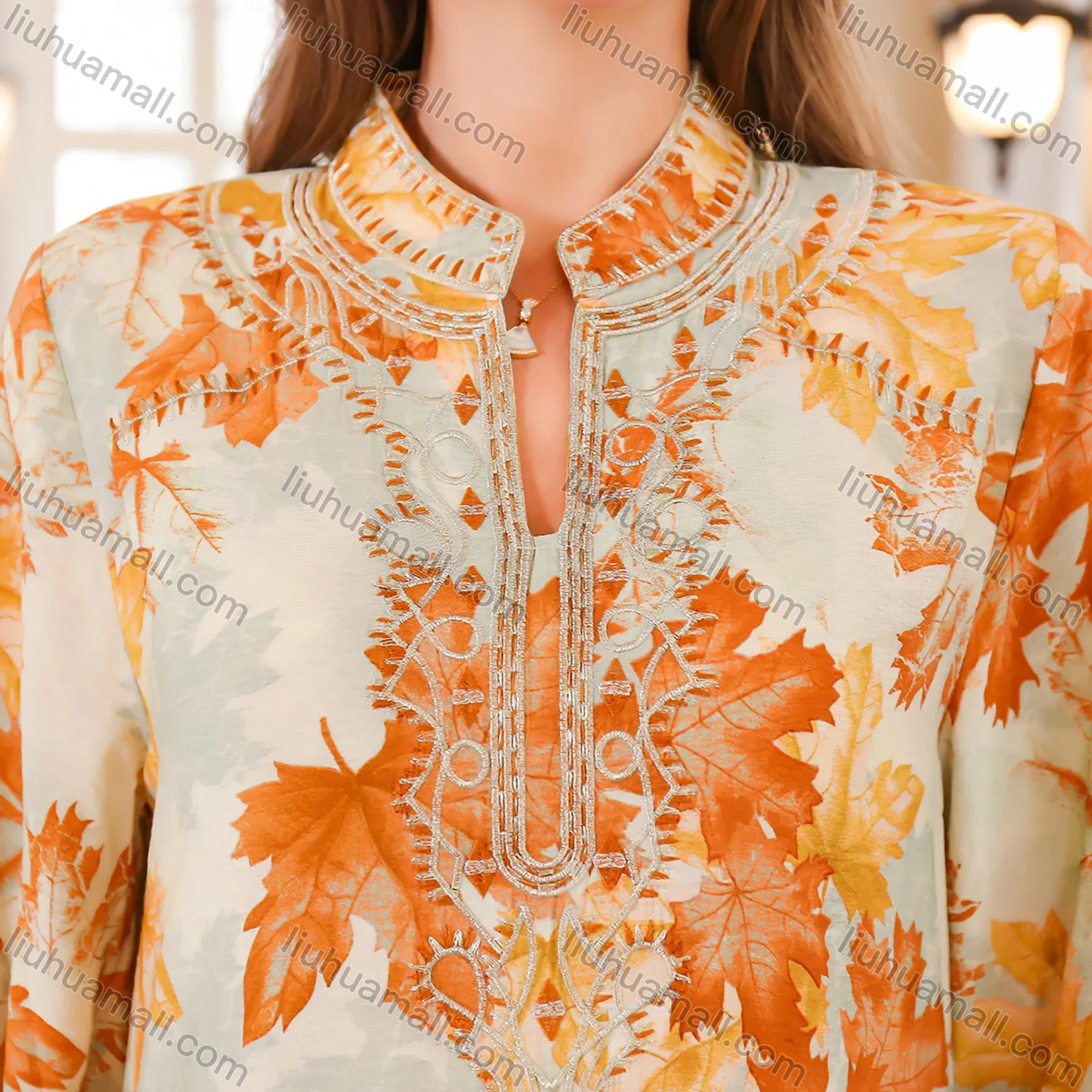 Wholesale Women's Elegant Muslim Leaf Print Embroidery Notched Stand Collar Long Sleeve Dubai Abaya Dress - Liuhuamall