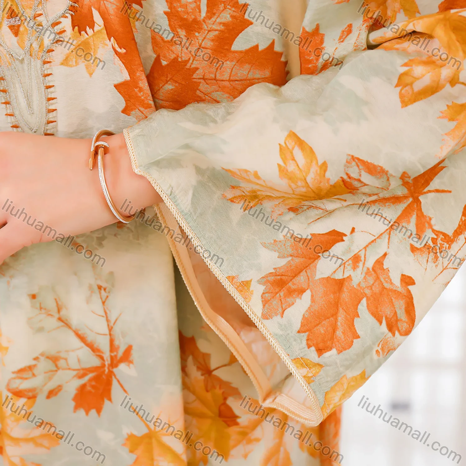 Wholesale Women's Elegant Muslim Leaf Print Embroidery Notched Stand Collar Long Sleeve Dubai Abaya Dress - Liuhuamall