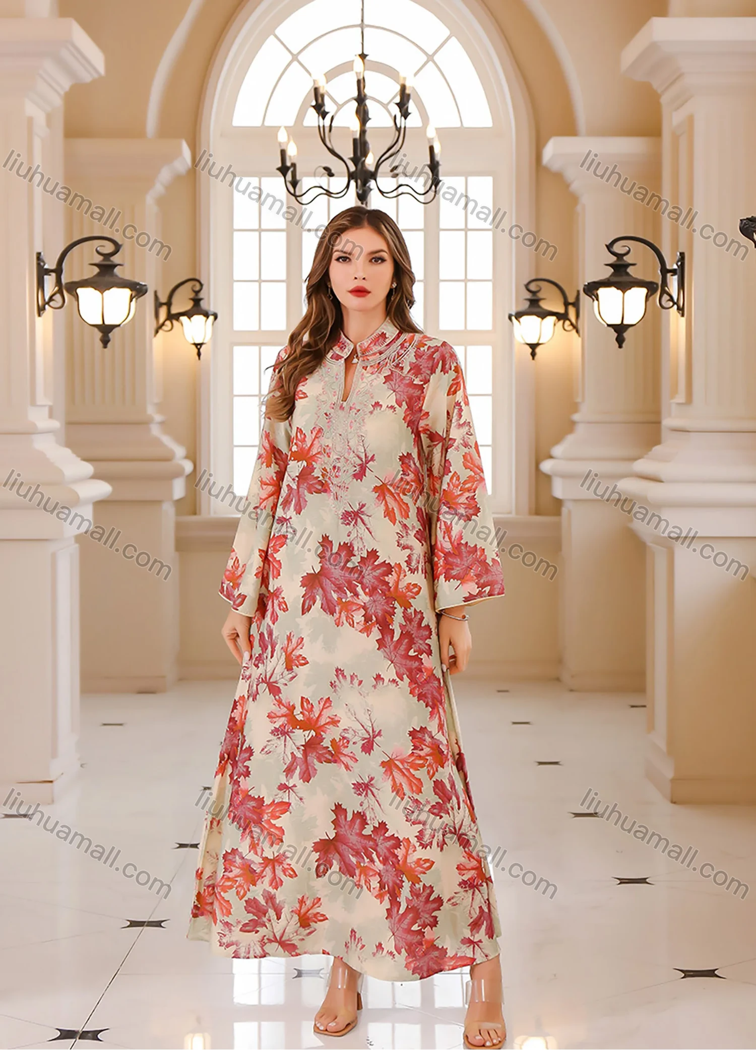 Wholesale Women's Elegant Muslim Leaf Print Embroidery Notched Stand Collar Long Sleeve Dubai Abaya Dress - Liuhuamall