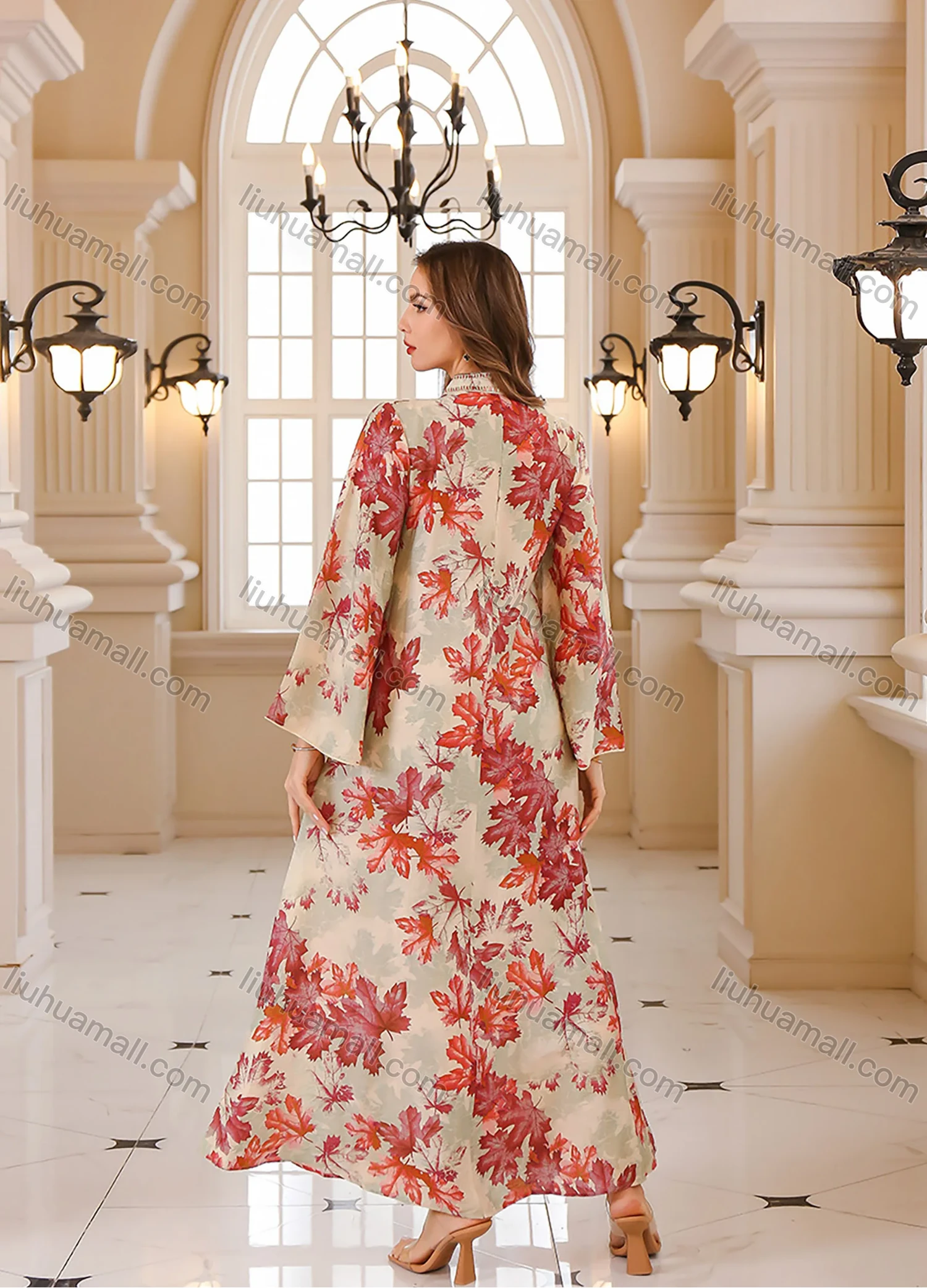 Wholesale Women's Elegant Muslim Leaf Print Embroidery Notched Stand Collar Long Sleeve Dubai Abaya Dress - Liuhuamall