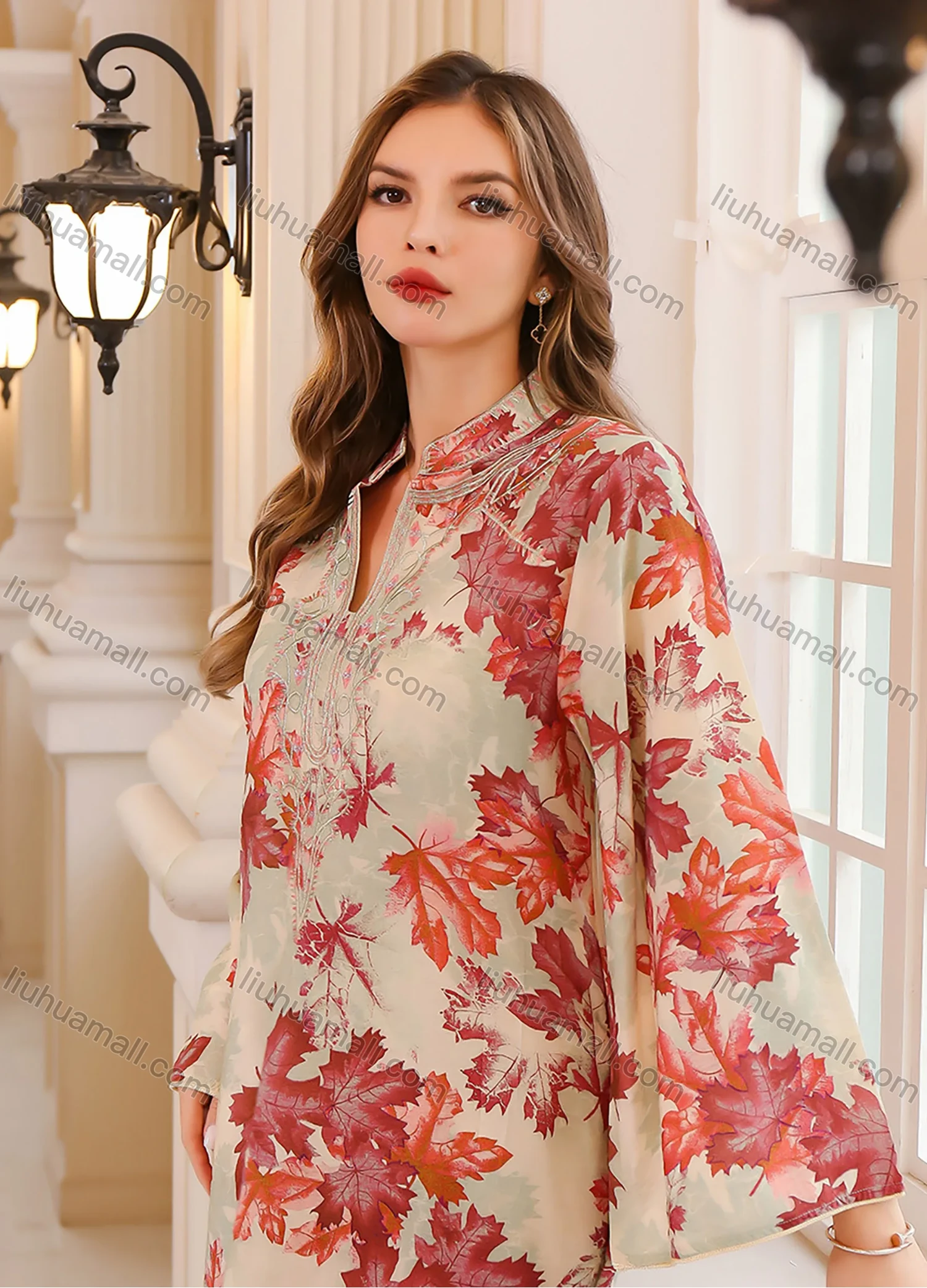 Wholesale Women's Elegant Muslim Leaf Print Embroidery Notched Stand Collar Long Sleeve Dubai Abaya Dress - Liuhuamall