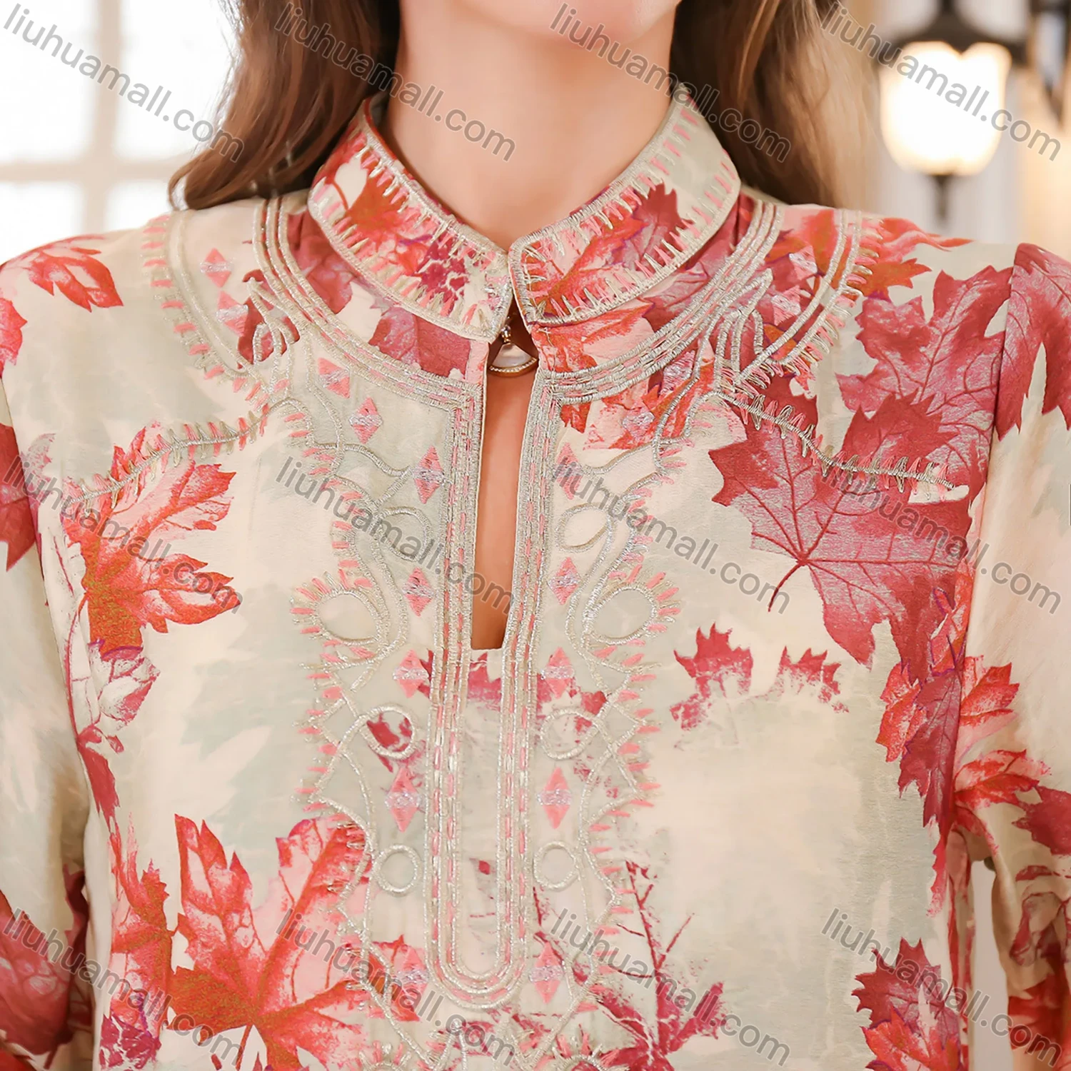 Wholesale Women's Elegant Muslim Leaf Print Embroidery Notched Stand Collar Long Sleeve Dubai Abaya Dress - Liuhuamall