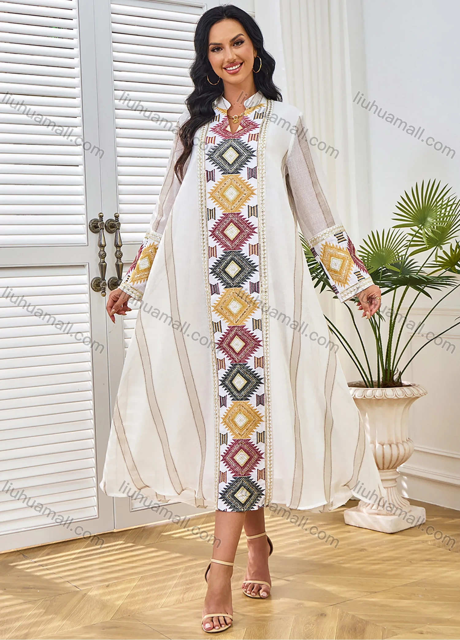 Wholesale Women's Elegant Muslim Striped Splicing Argyle Print Sequin Embroidery Notched Long Sleeve Midi Abaya Dress - Liuhuamall