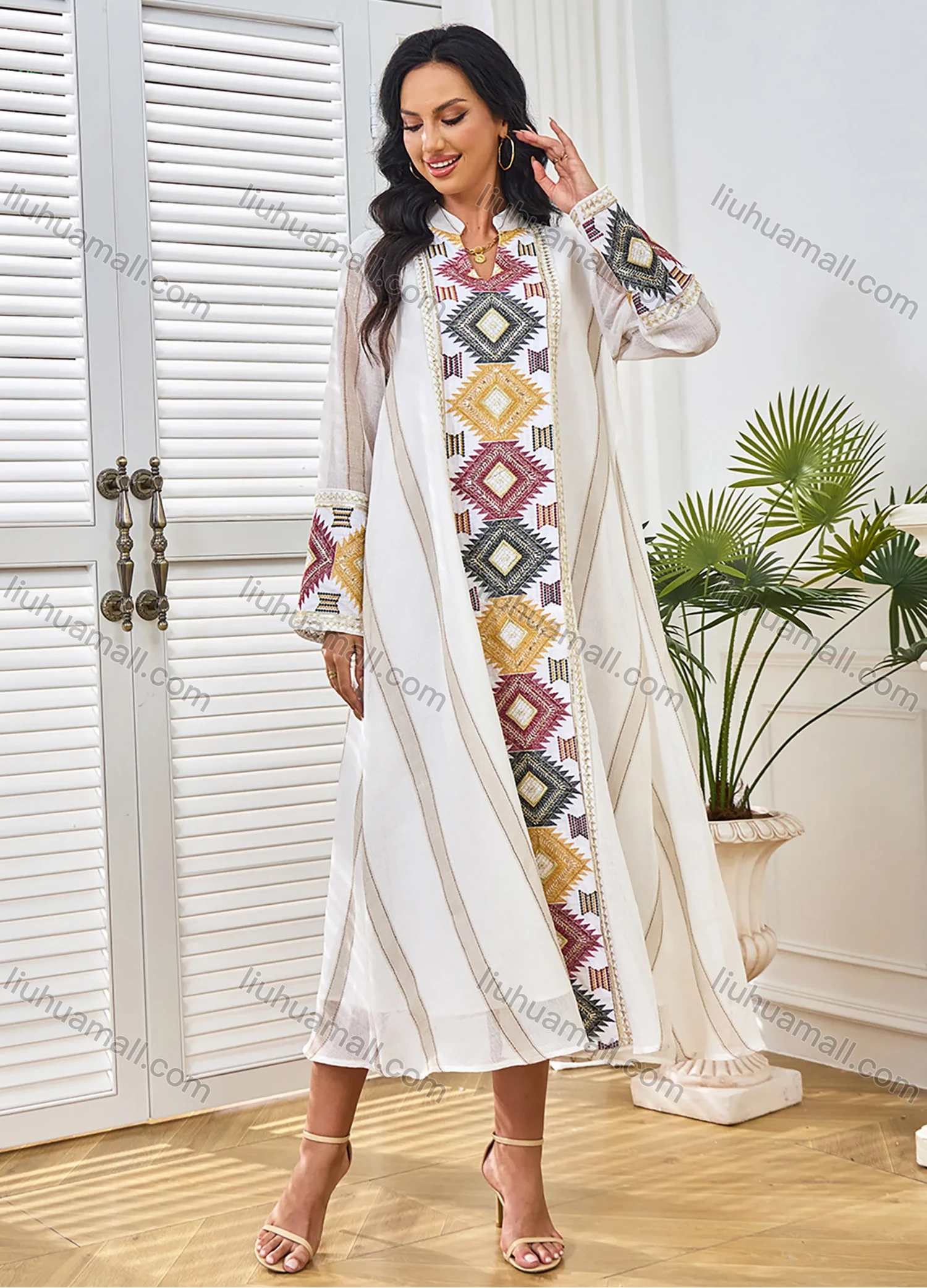 Wholesale Women's Elegant Muslim Striped Splicing Argyle Print Sequin Embroidery Notched Long Sleeve Midi Abaya Dress - Liuhuamall