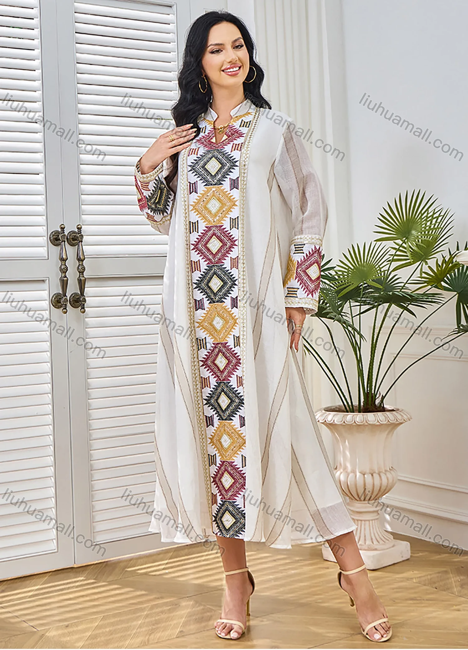 Wholesale Women's Elegant Muslim Striped Splicing Argyle Print Sequin Embroidery Notched Long Sleeve Midi Abaya Dress - Liuhuamall