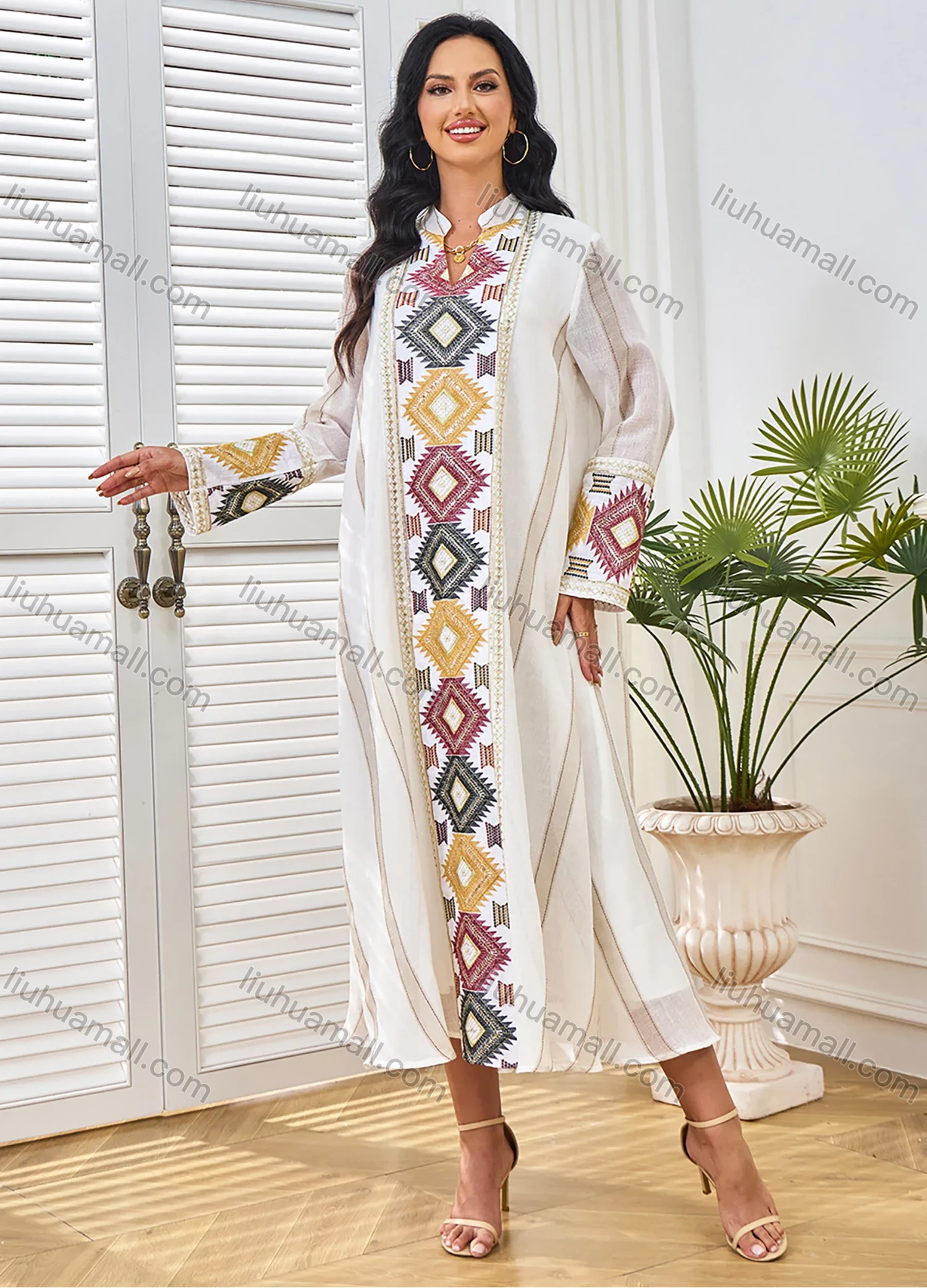 Wholesale Women's Elegant Muslim Striped Splicing Argyle Print Sequin Embroidery Notched Long Sleeve Midi Abaya Dress - Liuhuamall