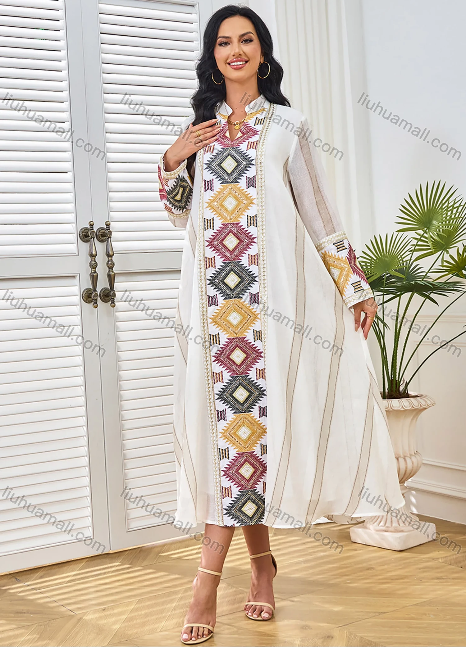 Wholesale Women's Elegant Muslim Striped Splicing Argyle Print Sequin Embroidery Notched Long Sleeve Midi Abaya Dress - Liuhuamall