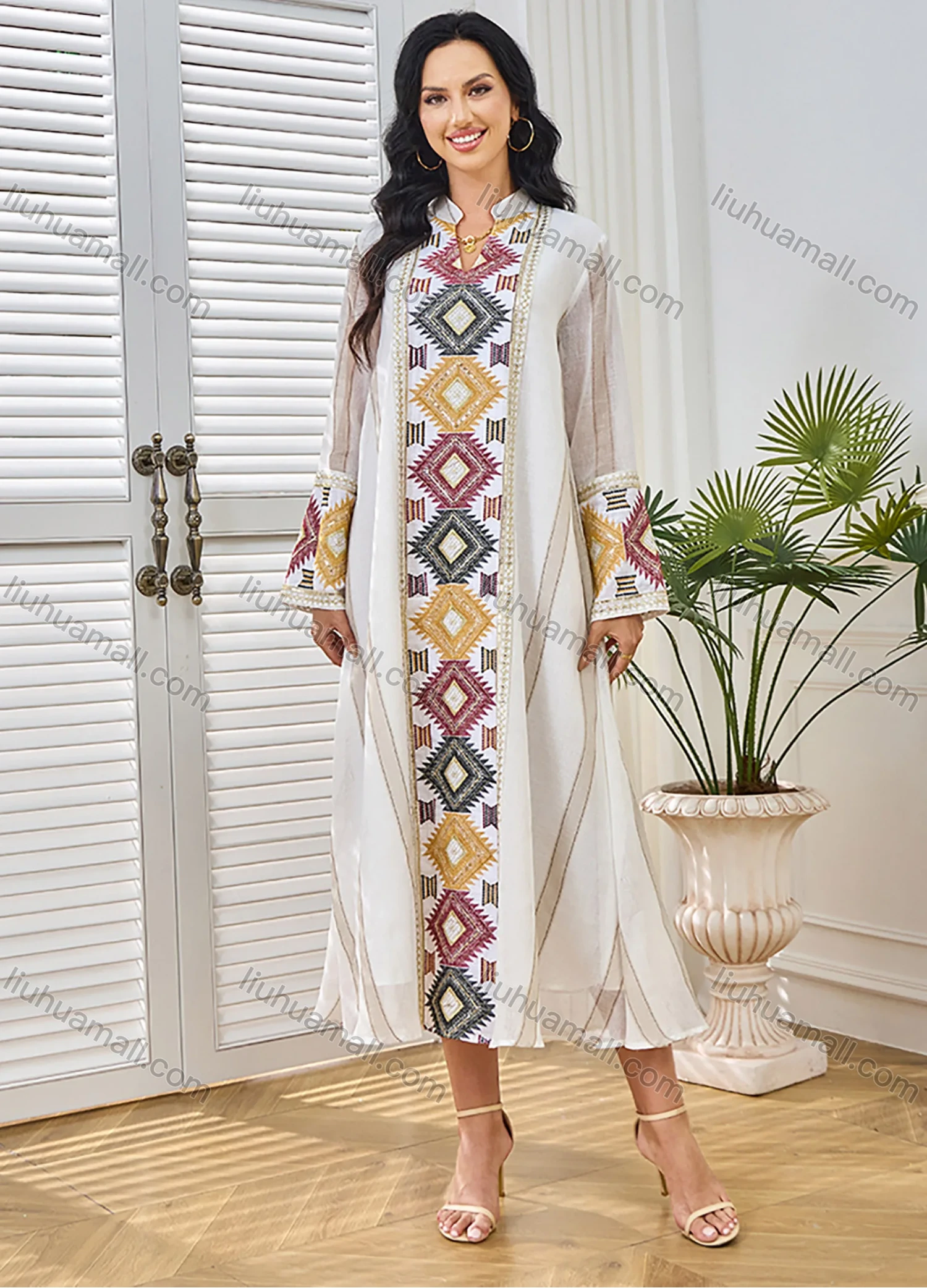 Wholesale Women's Elegant Muslim Striped Splicing Argyle Print Sequin Embroidery Notched Long Sleeve Midi Abaya Dress - Liuhuamall