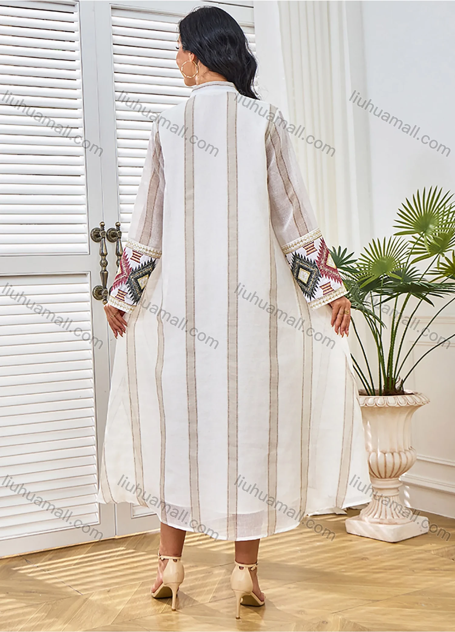 Wholesale Women's Elegant Muslim Striped Splicing Argyle Print Sequin Embroidery Notched Long Sleeve Midi Abaya Dress - Liuhuamall