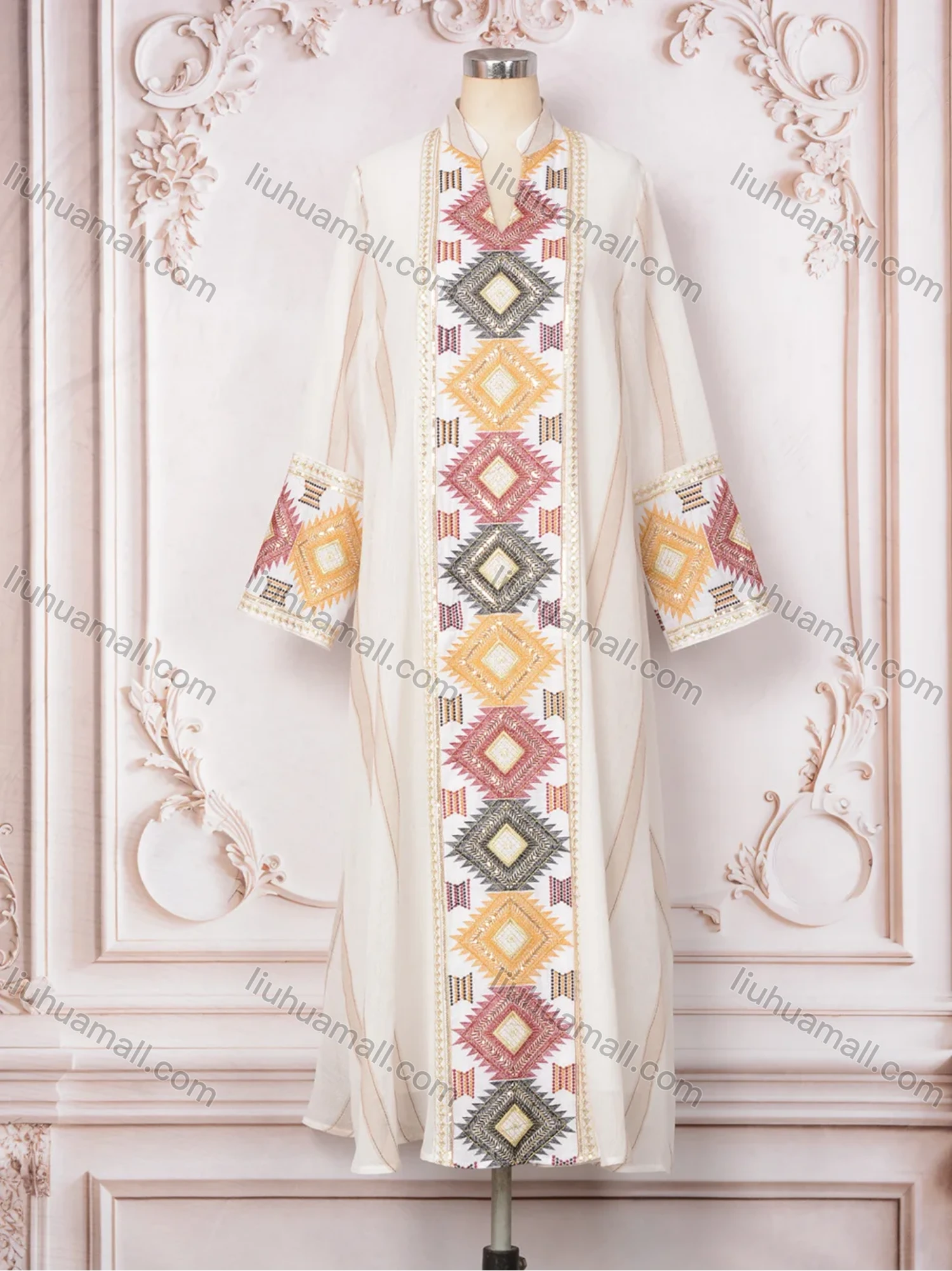 Wholesale Women's Elegant Muslim Striped Splicing Argyle Print Sequin Embroidery Notched Long Sleeve Midi Abaya Dress - Liuhuamall