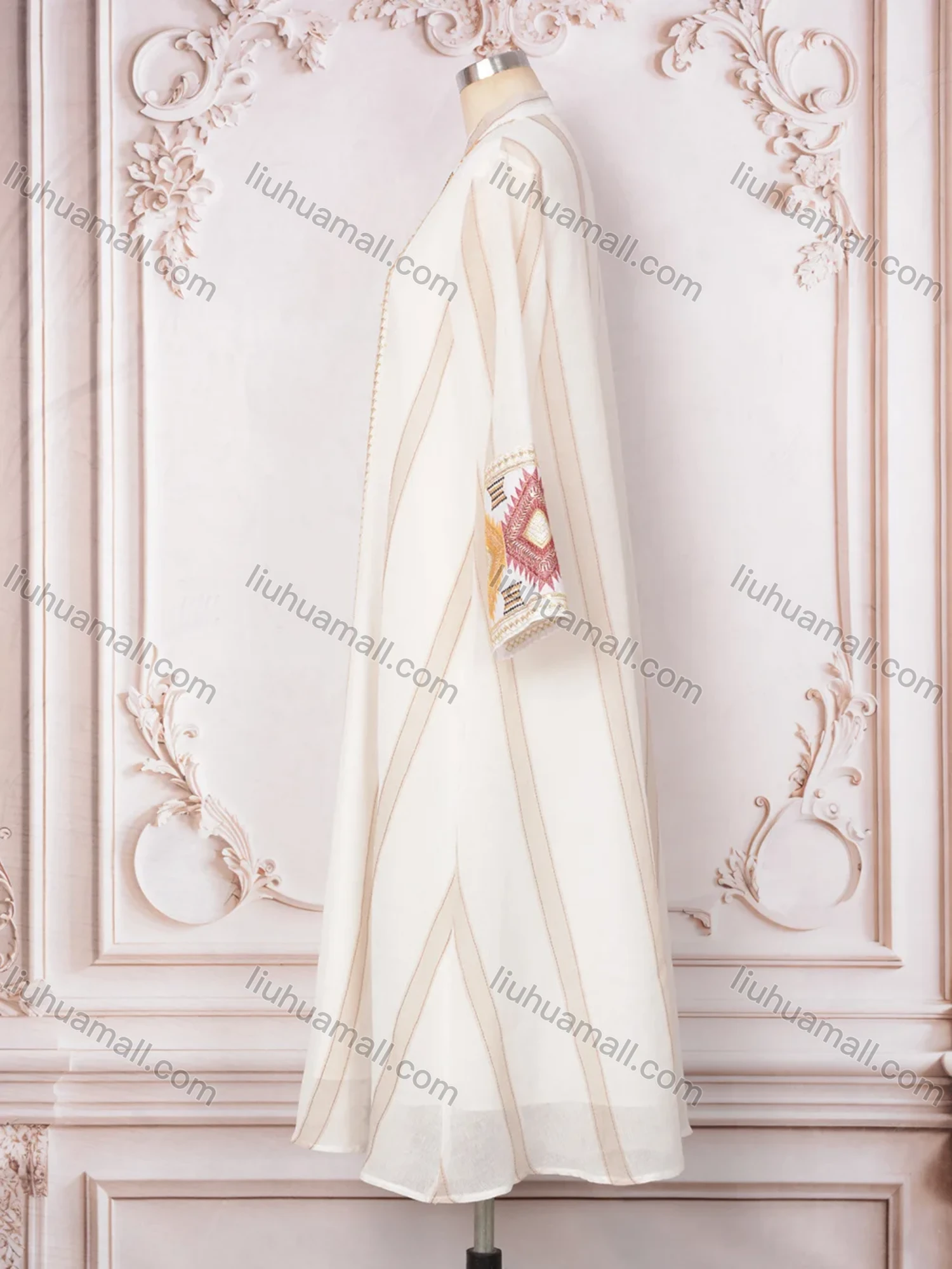 Wholesale Women's Elegant Muslim Striped Splicing Argyle Print Sequin Embroidery Notched Long Sleeve Midi Abaya Dress - Liuhuamall