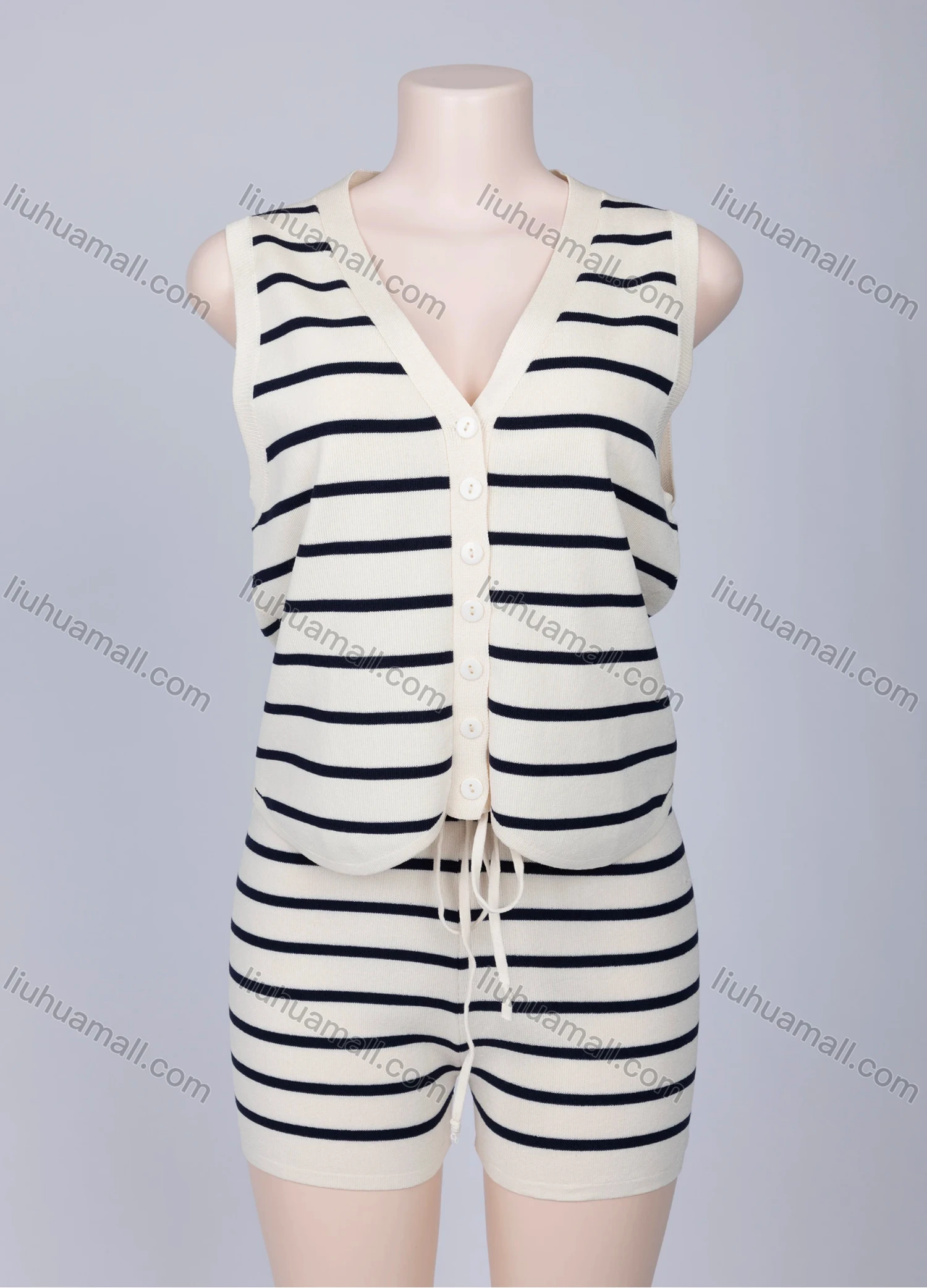 Wholesale Women's Casual Striped V Neck Button Down Tank Top & Drawstring Shorts 2 Piece Set A451# & A464# - Liuhuamall