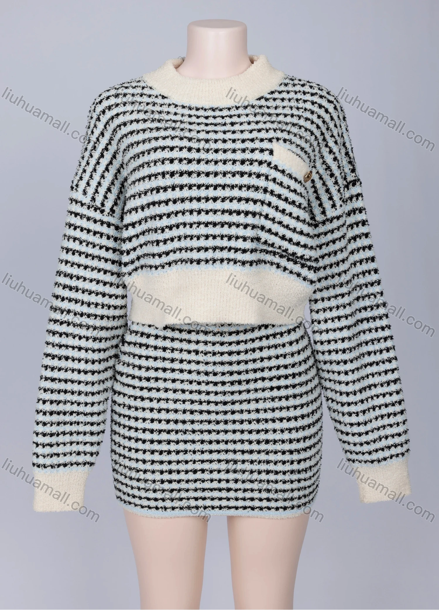 Wholesale Women's Elegant Striped Crew Neck Drop Shoulder Pocket Sweater Top & Short Skirts 2 Piece Set YST149# & YSP6# - Liuhuamall