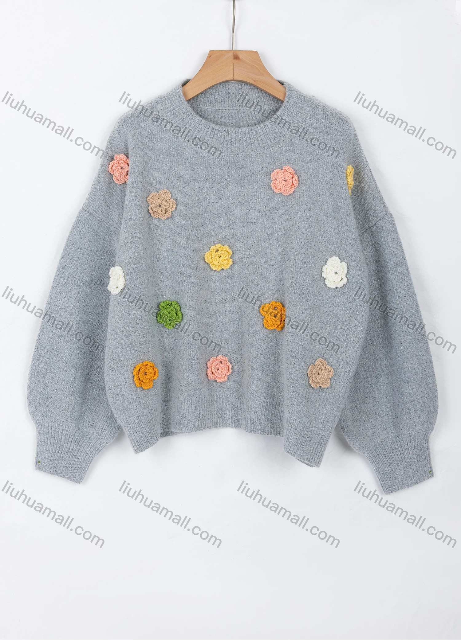 Wholesale Women's Casual Crew Neck Drop Shoulder Long Sleeve Crochet Floral Sweater Top 3031# - Liuhuamall