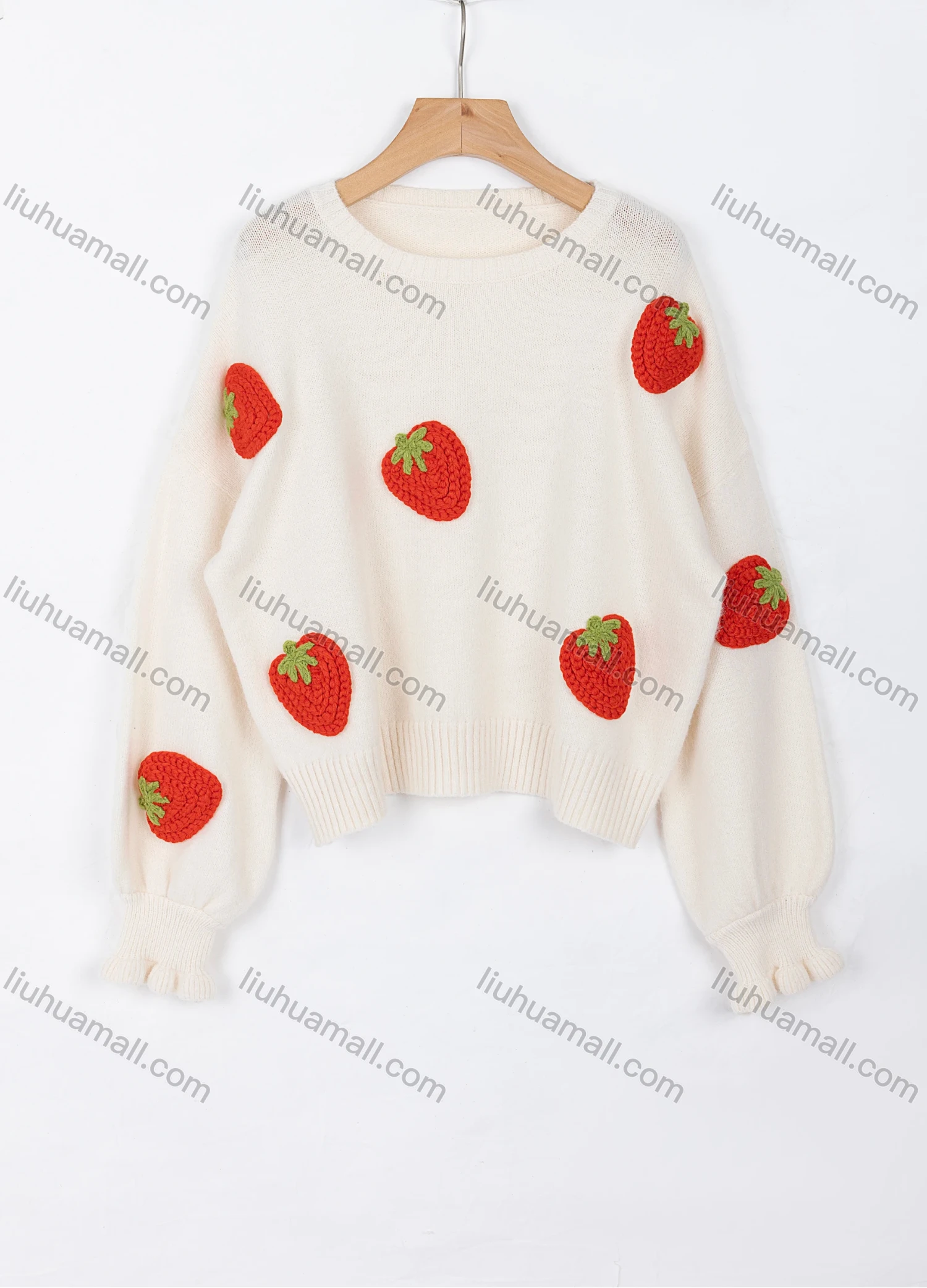 Wholesale Women's Casual Crew Neck Drop Shoulder Long Sleeve Crochet Strawberry Ribbed Sweater Top 8301# - Liuhuamall