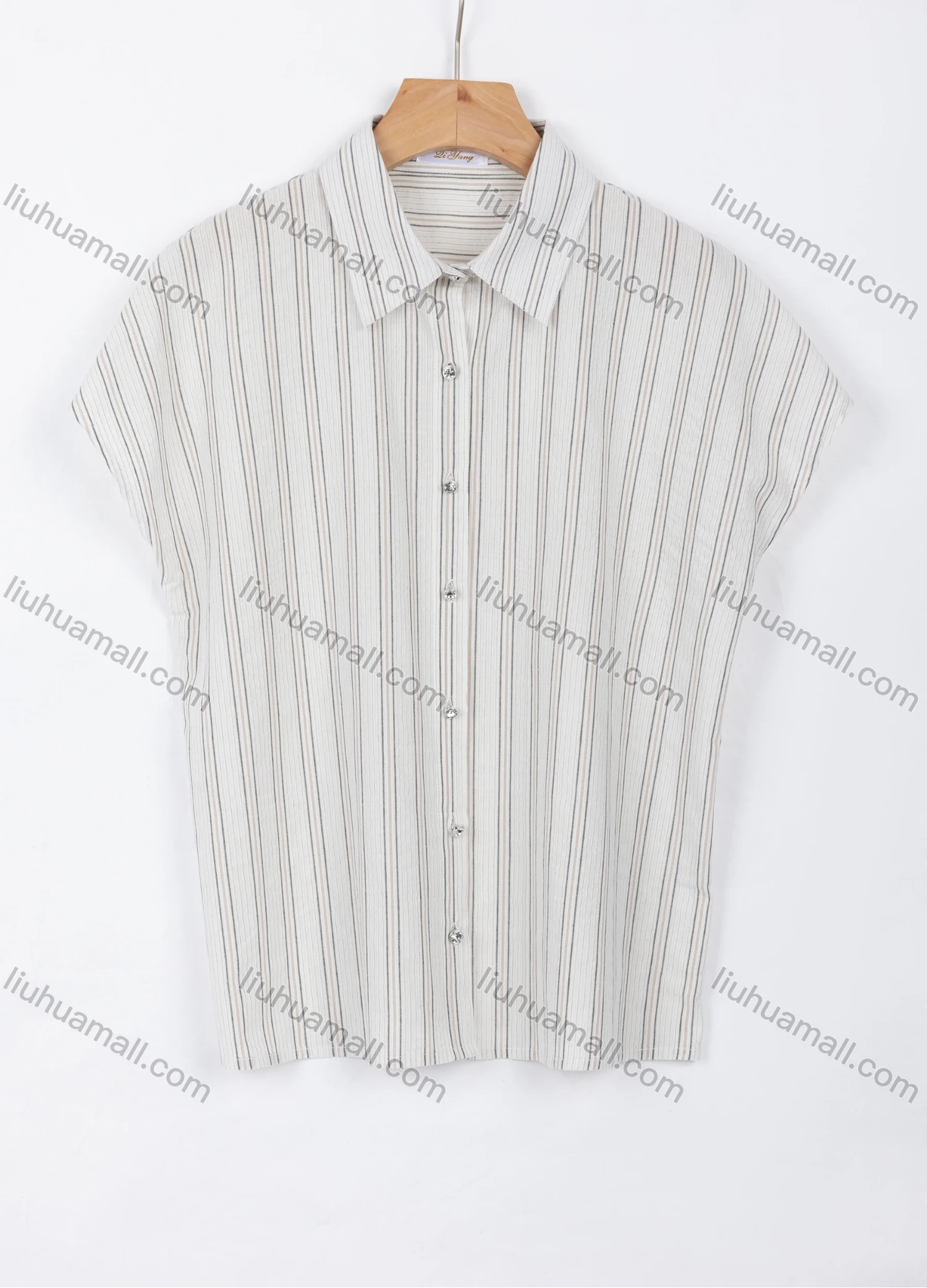 Wholesale Women's Casual Striped Collared Cap Sleeve Button Down Rhinestone Shirt A1309-3# - Liuhuamall