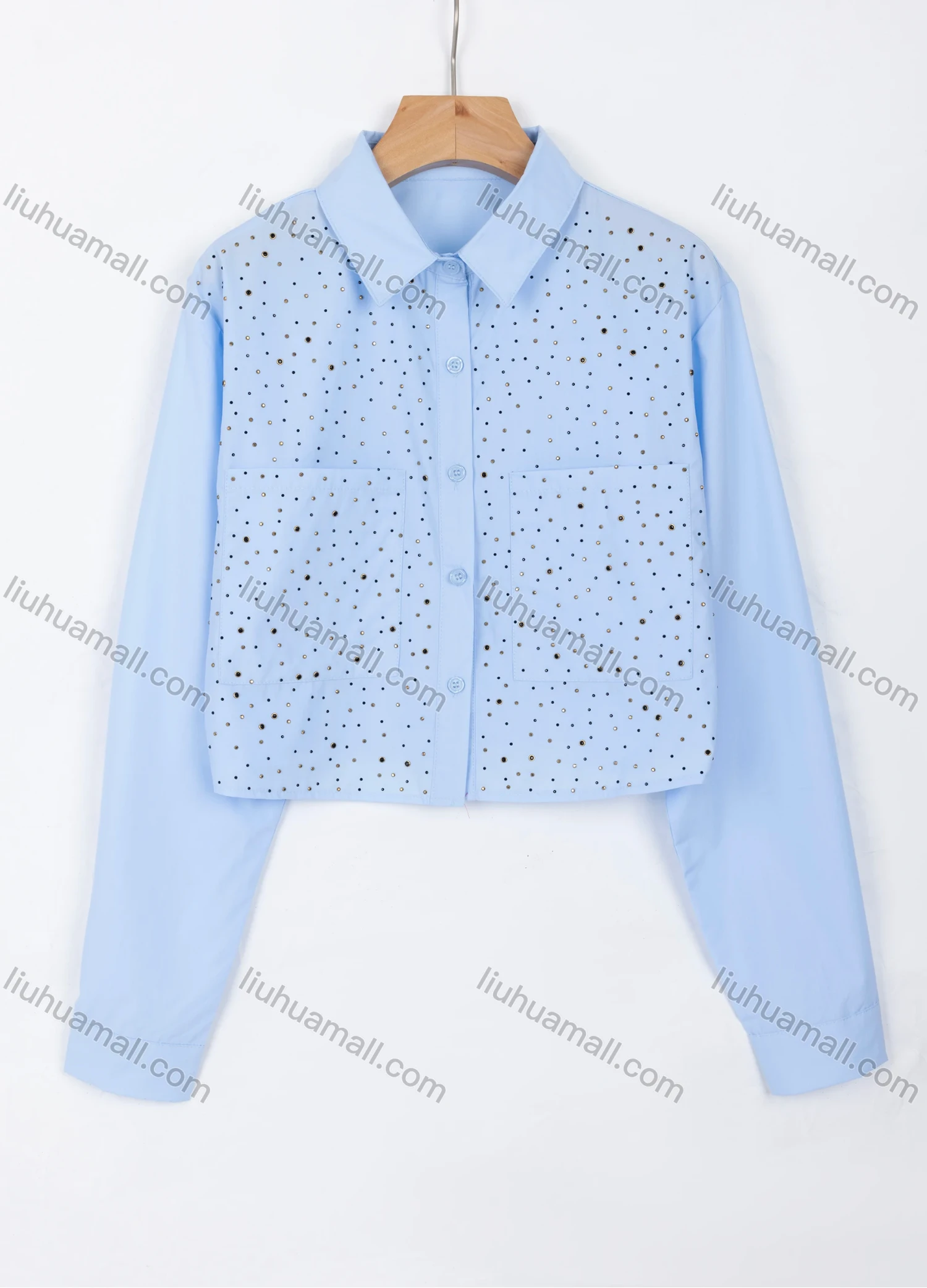 Wholesale Women's Elegant Plain Rhinestone Collared Long Sleeve Button Down Dual Pockets Crop Shirt A1309-2# - Liuhuamall