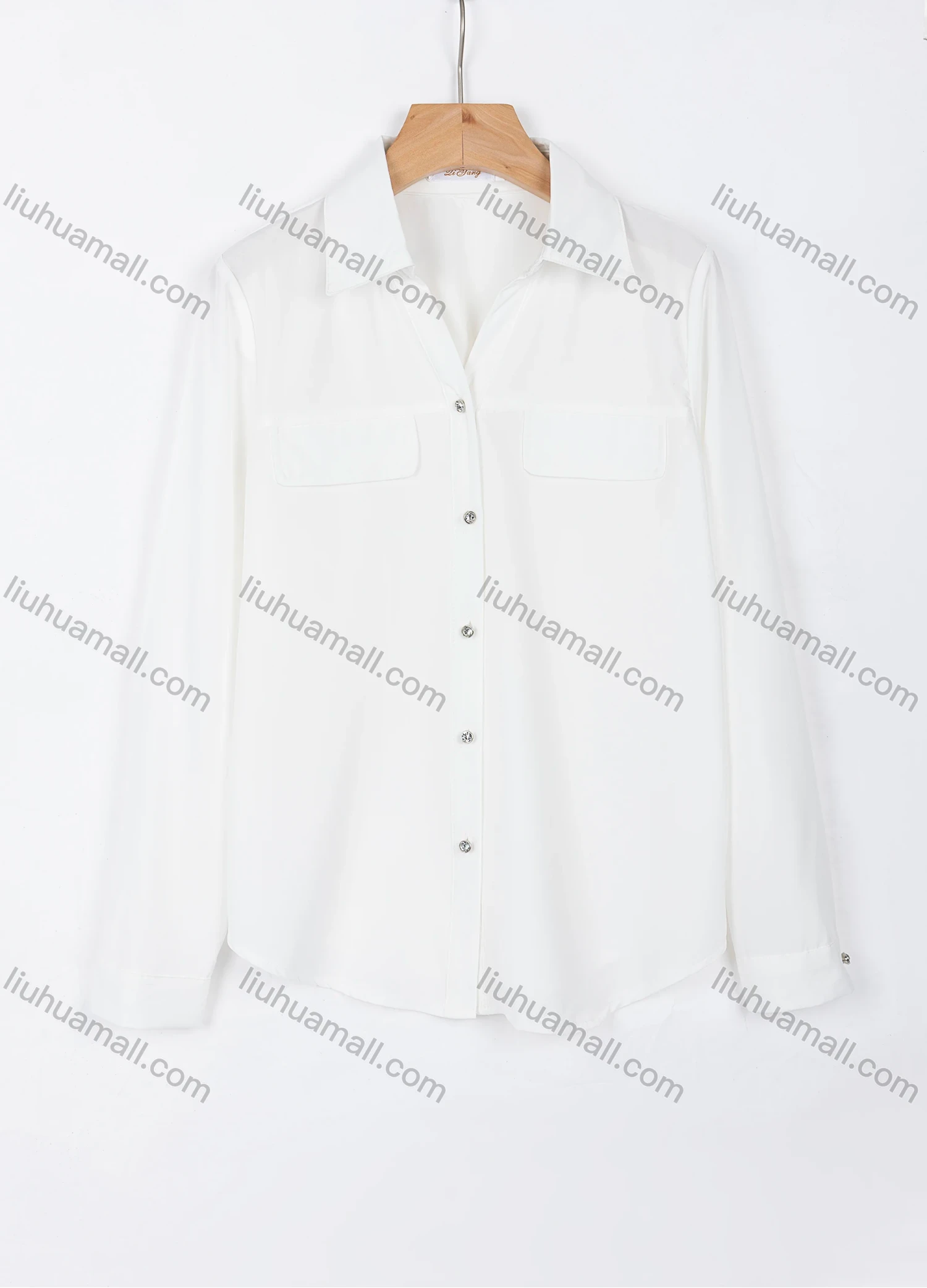 Wholesale Women's Elegant Plain Collared Long Sleeve Button Down Fake Pocket Shirt A1309-5# - Liuhuamall