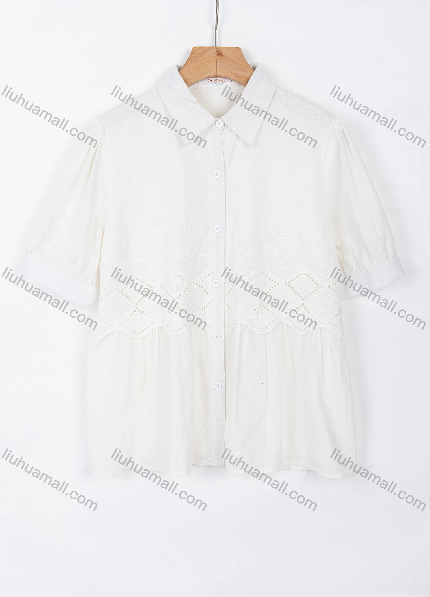 Wholesale Women's Elegant 100%Cotton Plain Collared Short Sleeve Button Down Hollow Out Ruched Blouse A1309-4# - Liuhuamall