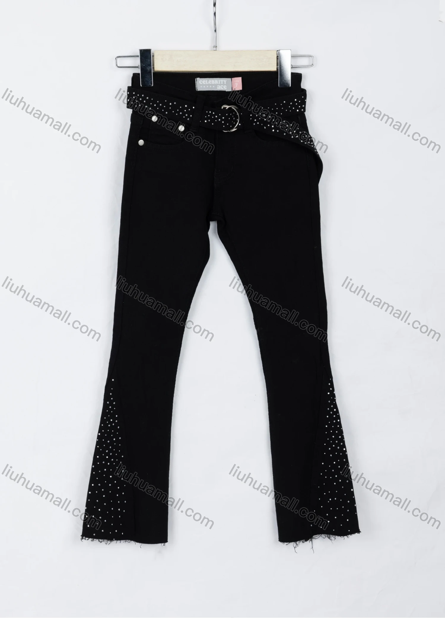 Wholesale Girls' Trendy Plain Rhinestone Decor Frayed Raw Hem Bootcut Jean With Belt 05# - Liuhuamall