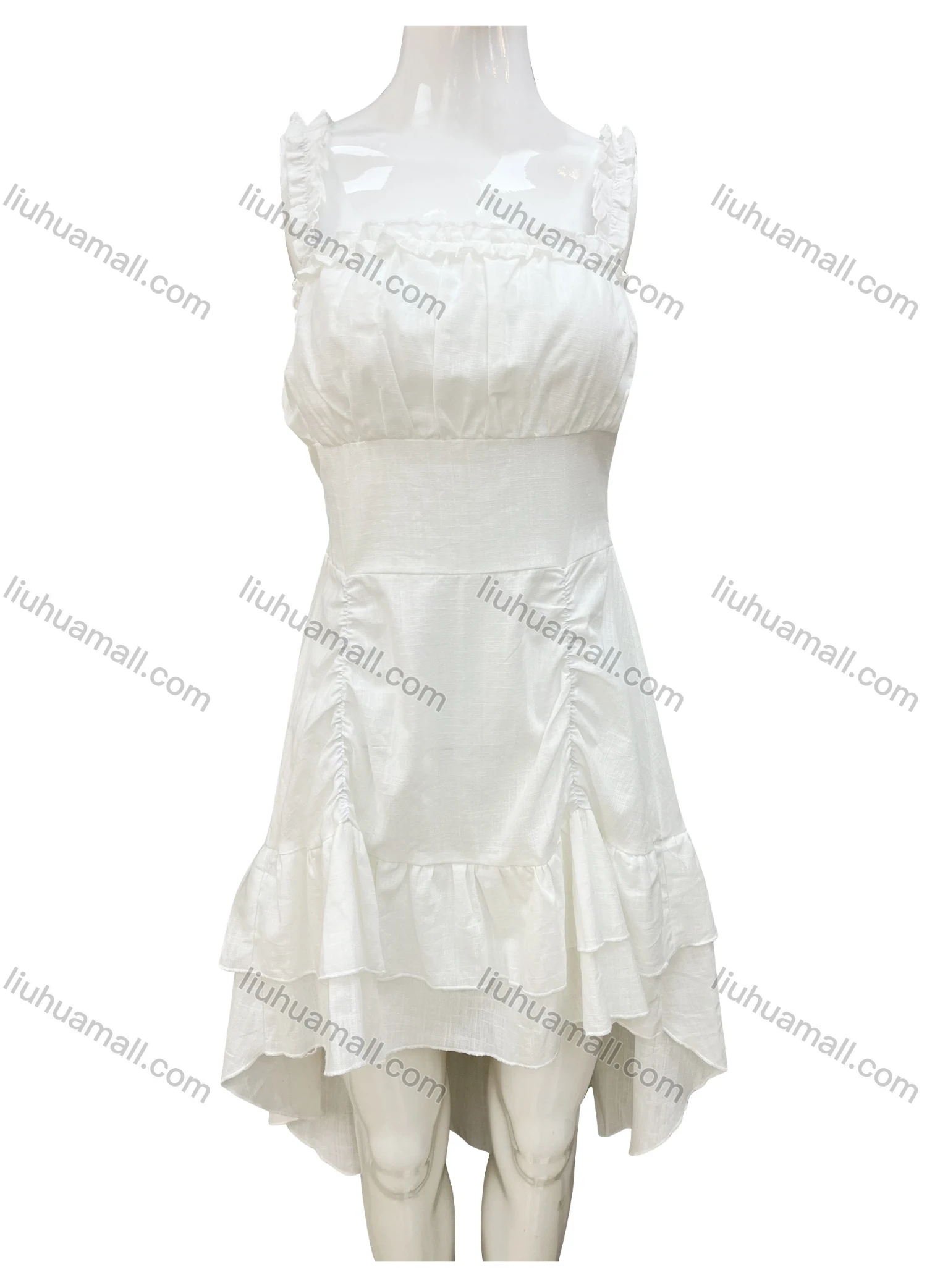 Wholesale Women's Casual Square Neck Plain Ruffle Trim Ruched Layered High Low Hem Tank Short Dress 24188# - Liuhuamall