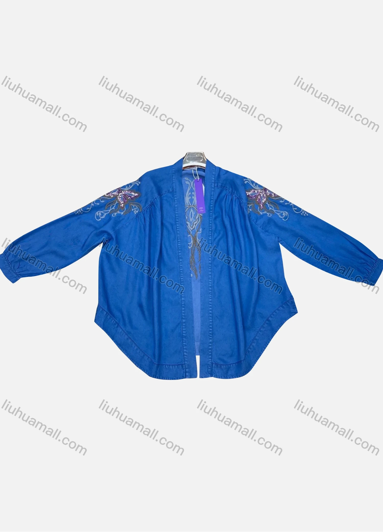 Wholesale Women's Casual Long Sleeve Embroidery Sequin Ruched Wash Denim Cardigan JF1358# - Liuhuamall