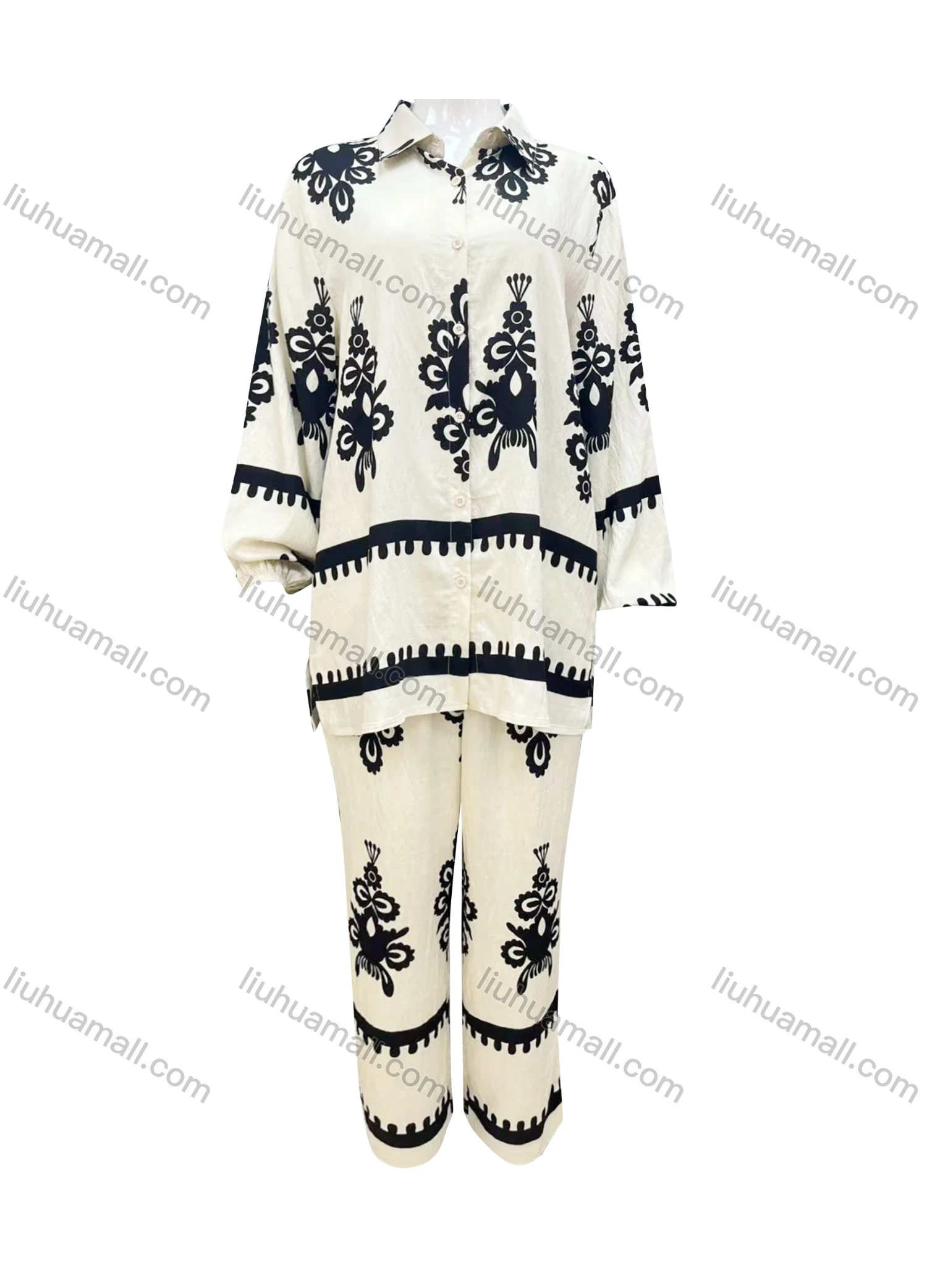 Wholesale Women's Elegant Long Sleeve Collared Abstract Print Button Down Shirt & Pants 2 Piece Set XZ413# - Liuhuamall
