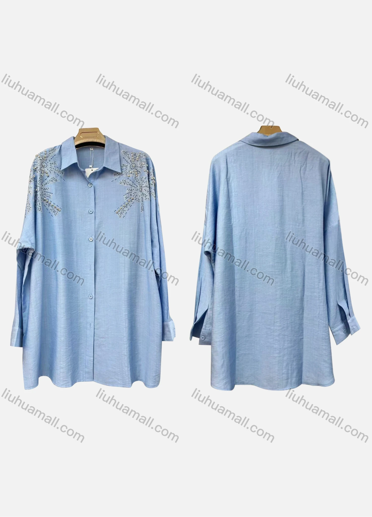 Wholesale Women's Elegant Long Sleeve Collared Plain Rhinestone Beaded Decor Button Down Mid Length Shirt XZ531# - Liuhuamall