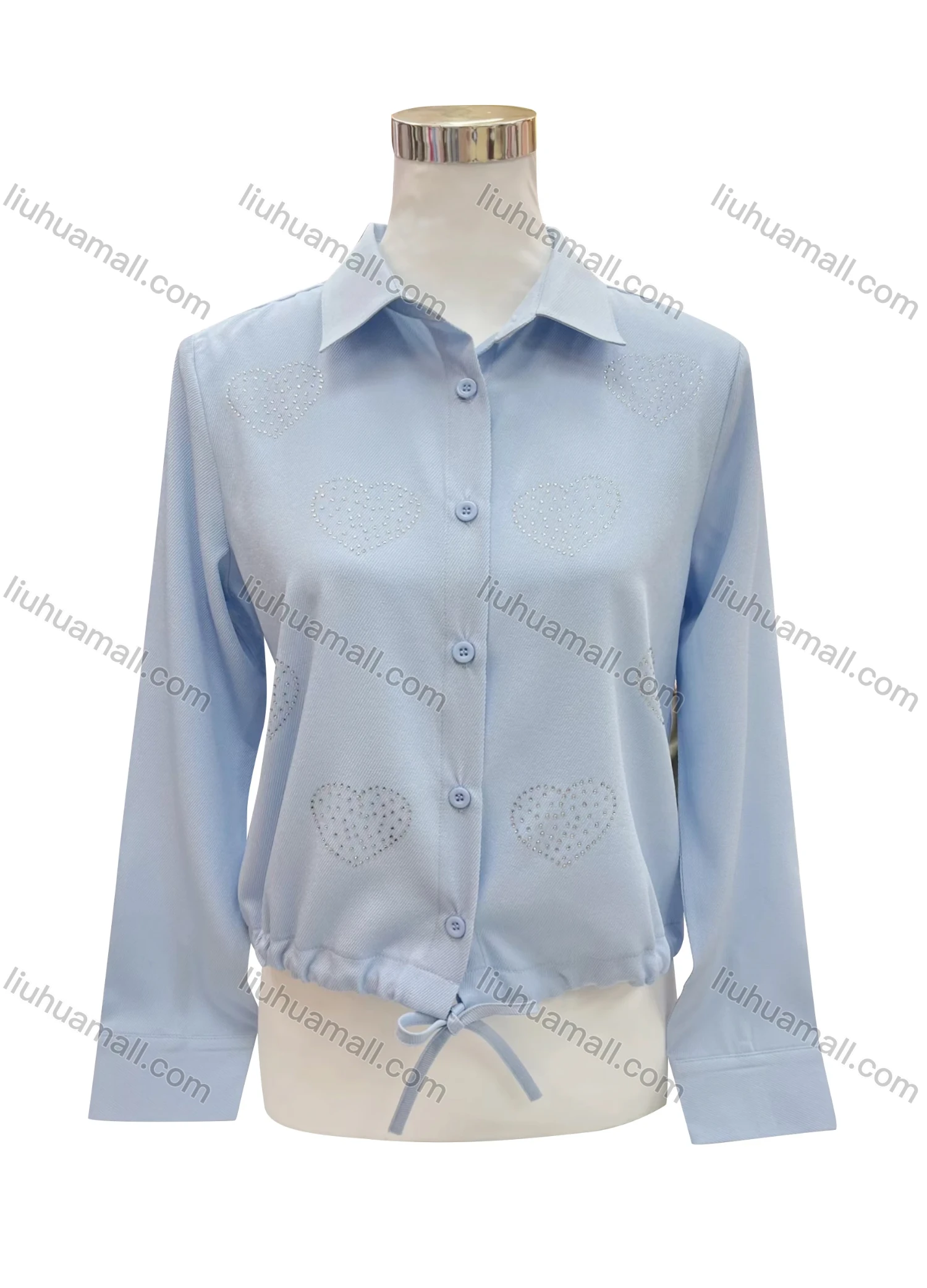 Wholesale Women's Elegant Long Sleeve Collared Plain Heart Rhinestone Drawstring Button Down Shirt XZ540# - Liuhuamall