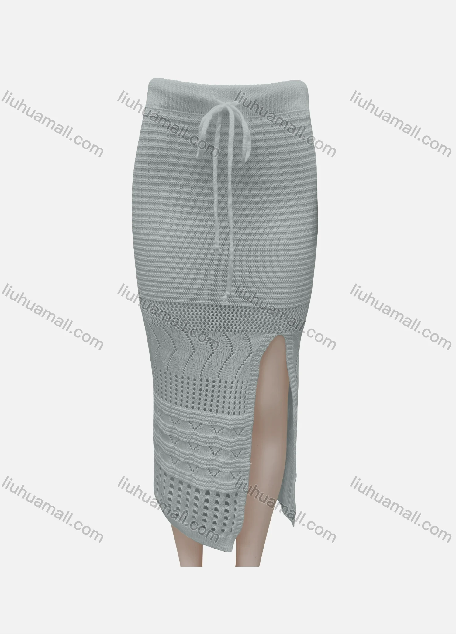 Wholesale Women's Casual Plain Elastic Waist Hollow Out Split Hem Drawstring Midi Skirt 3038# - Liuhuamall