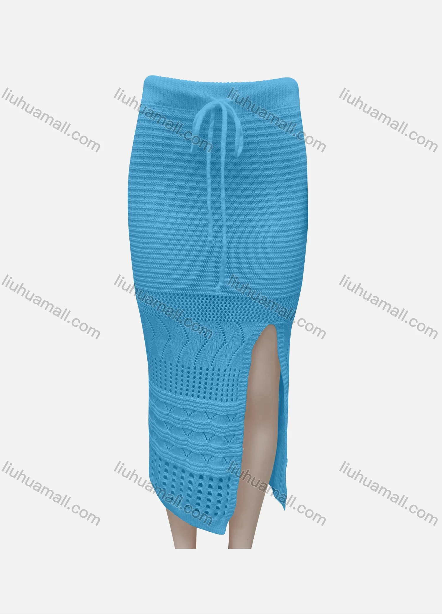 Wholesale Women's Casual Plain Elastic Waist Hollow Out Split Hem Drawstring Midi Skirt 3038# - Liuhuamall