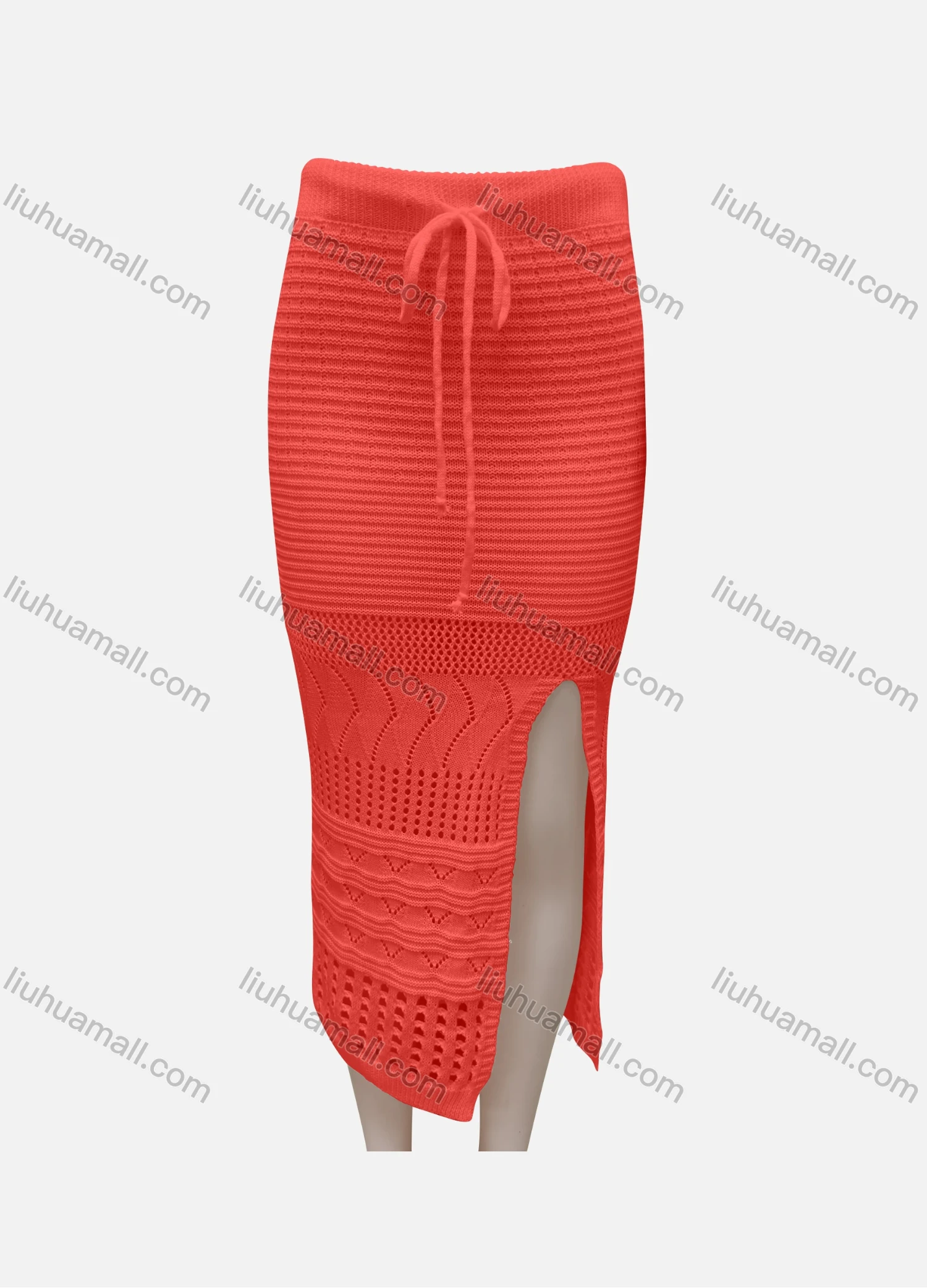 Wholesale Women's Casual Plain Elastic Waist Hollow Out Split Hem Drawstring Midi Skirt 3038# - Liuhuamall