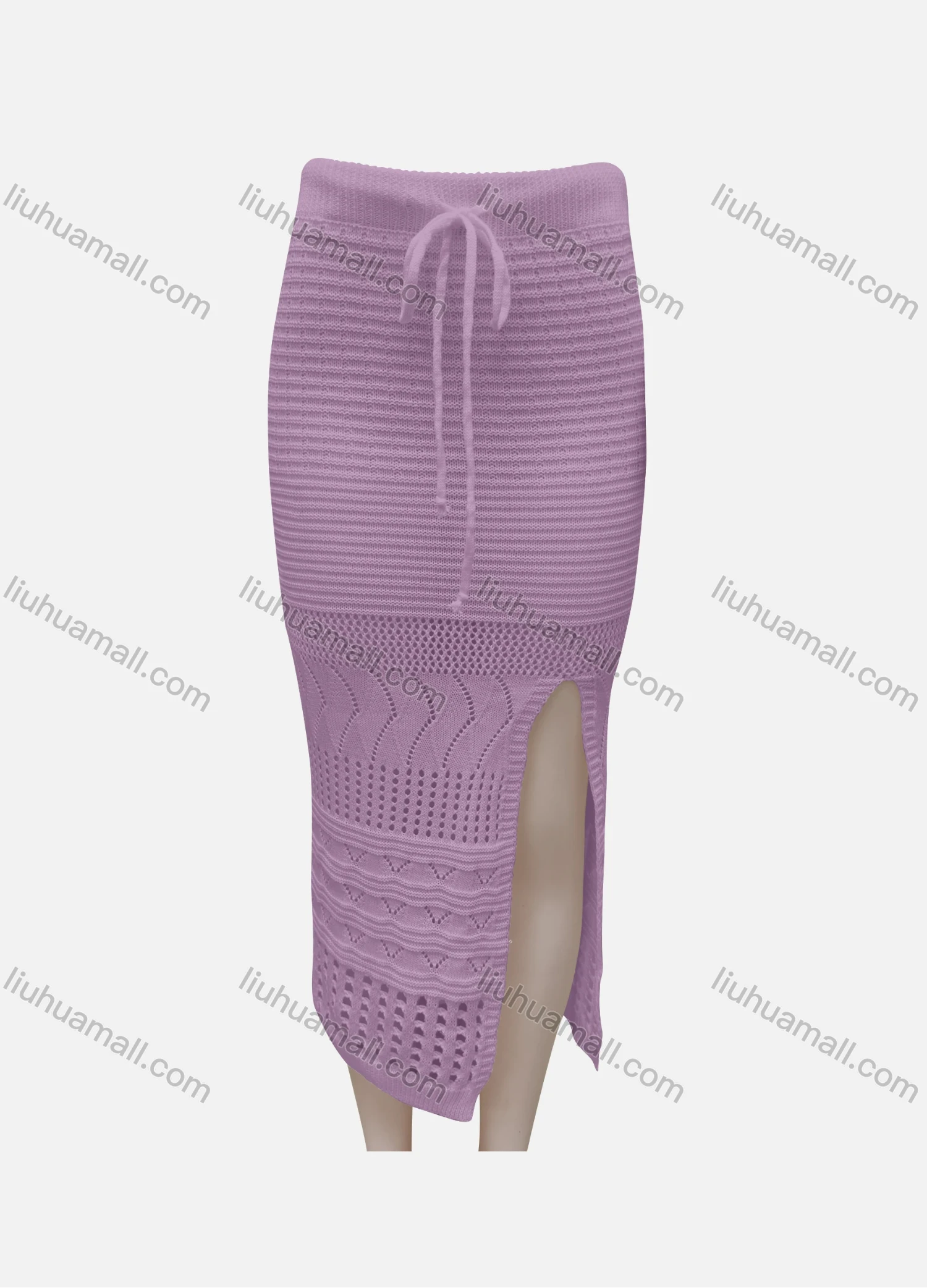 Wholesale Women's Casual Plain Elastic Waist Hollow Out Split Hem Drawstring Midi Skirt 3038# - Liuhuamall