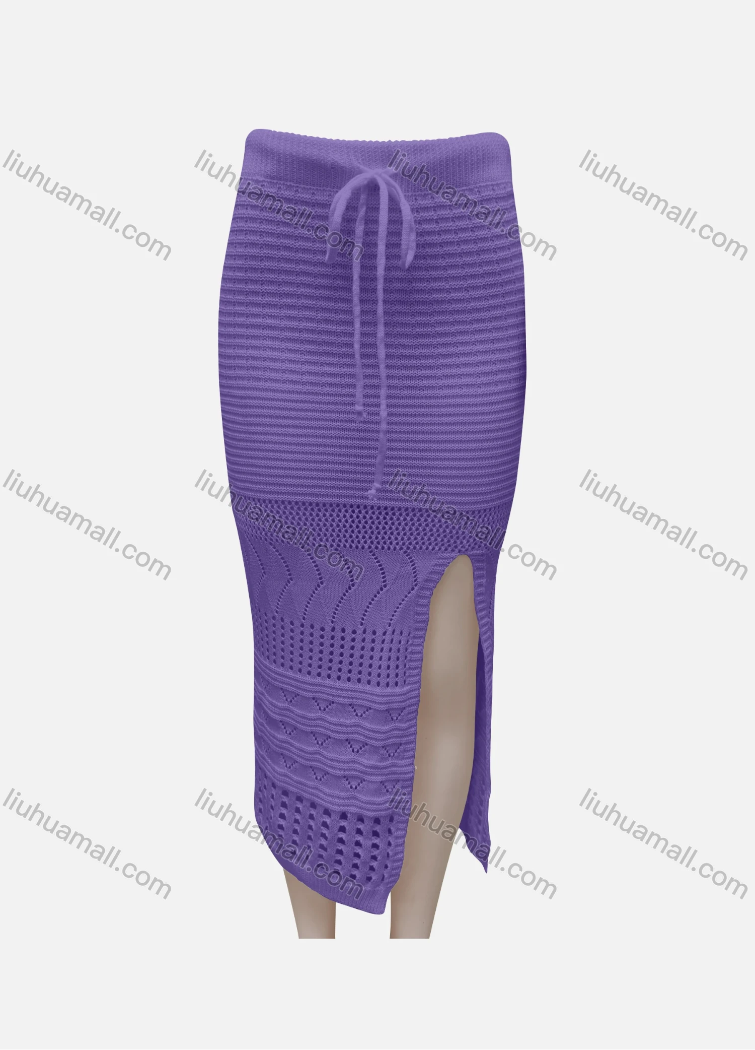 Wholesale Women's Casual Plain Elastic Waist Hollow Out Split Hem Drawstring Midi Skirt 3038# - Liuhuamall