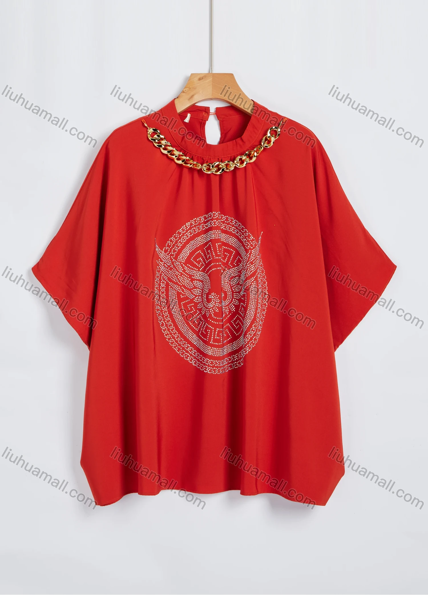 Wholesale Women's Casual Rhinestone Plain Graphic Metal Chain Decor Ruched Crew Neck Short Sleeve Blouse AB002# - Liuhuamall