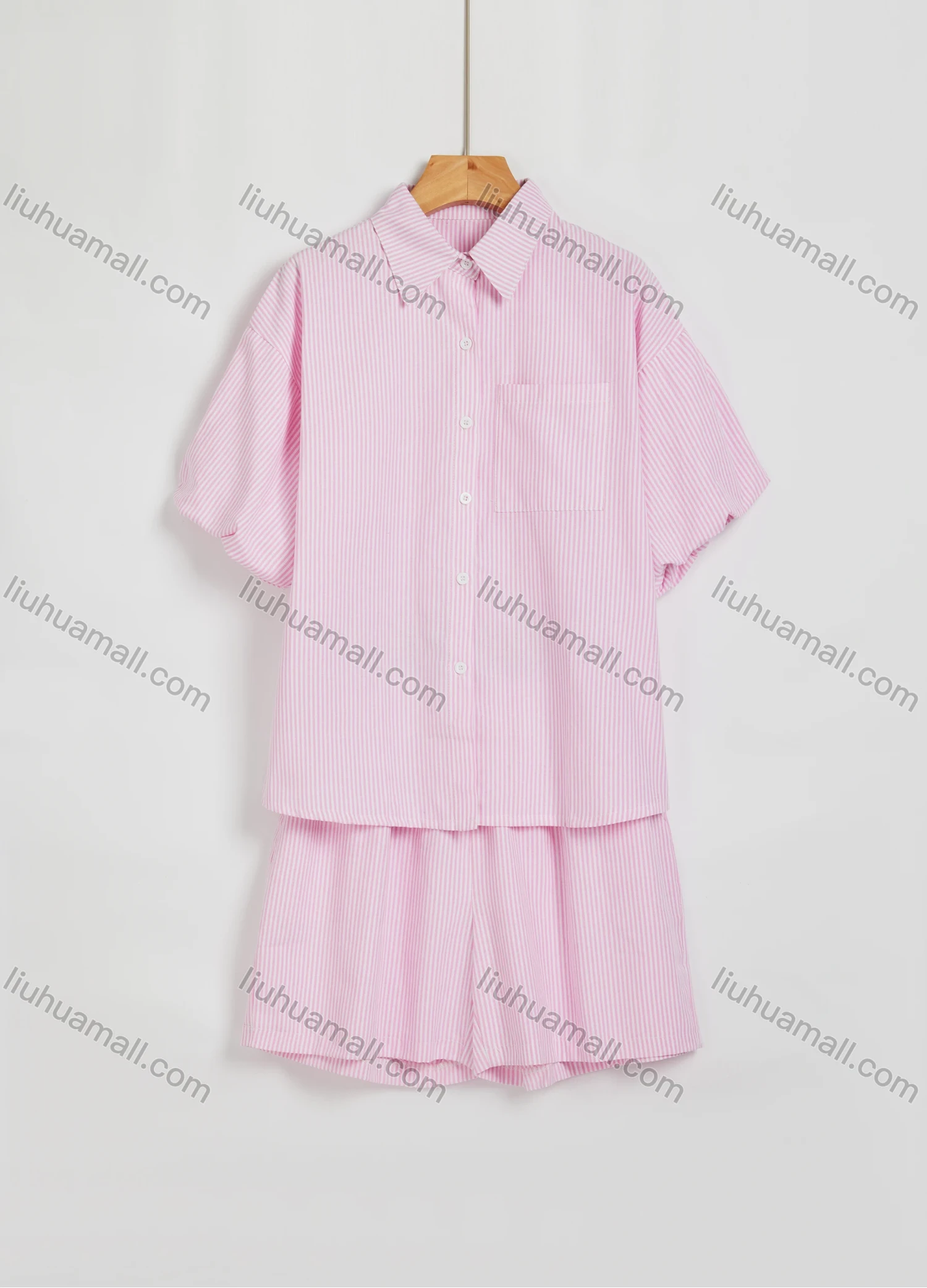 Wholesale Women's Casual Short Sleeve Collared Striped Button Down Patch Pocket Shirt & Shorts 2 Piece Set 668# - Liuhuamall