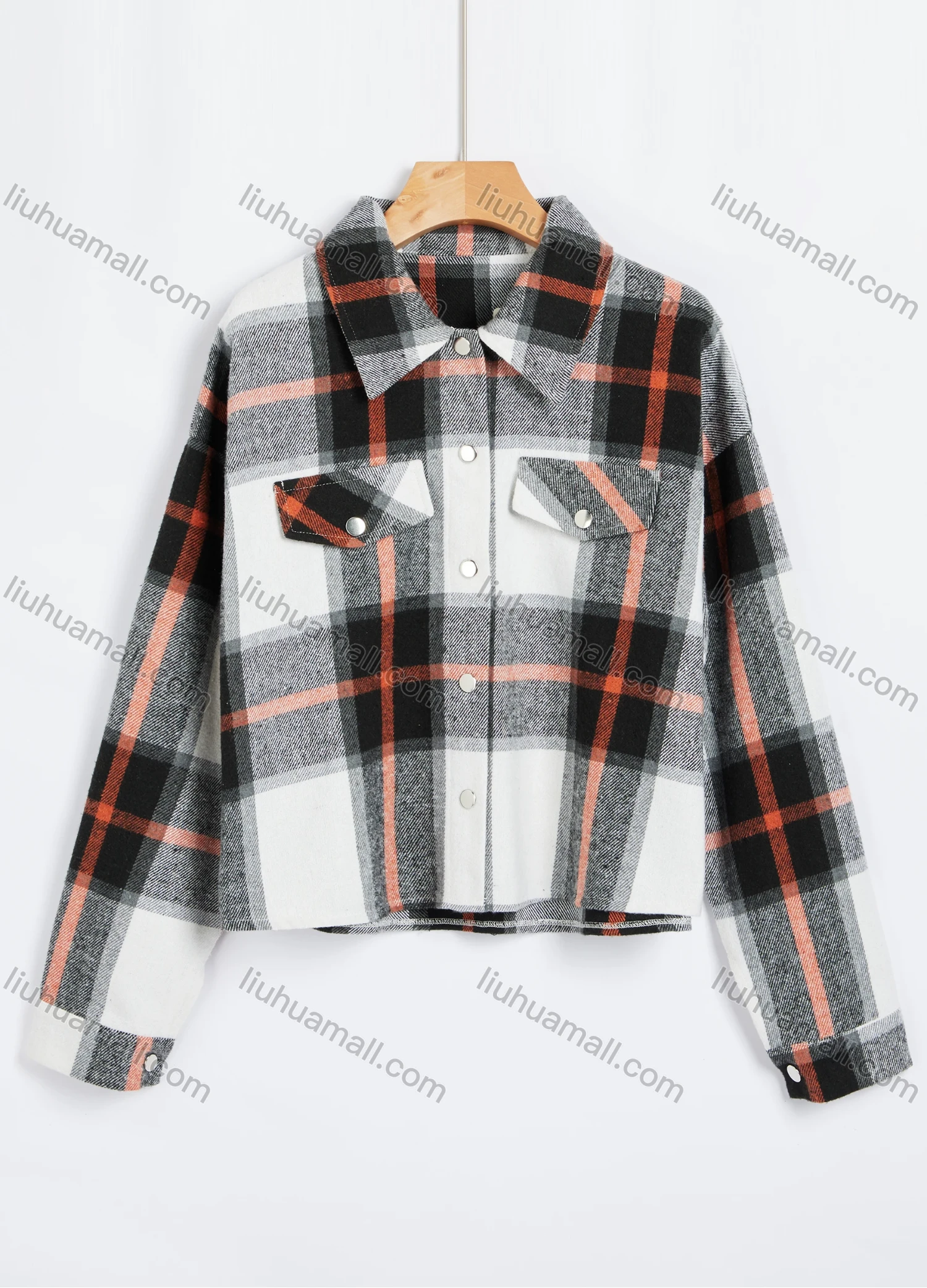 Wholesale Women's Casual Plaid Collared Long Sleeve Button Down Flap Pockets Jacket 7088# - Liuhuamall