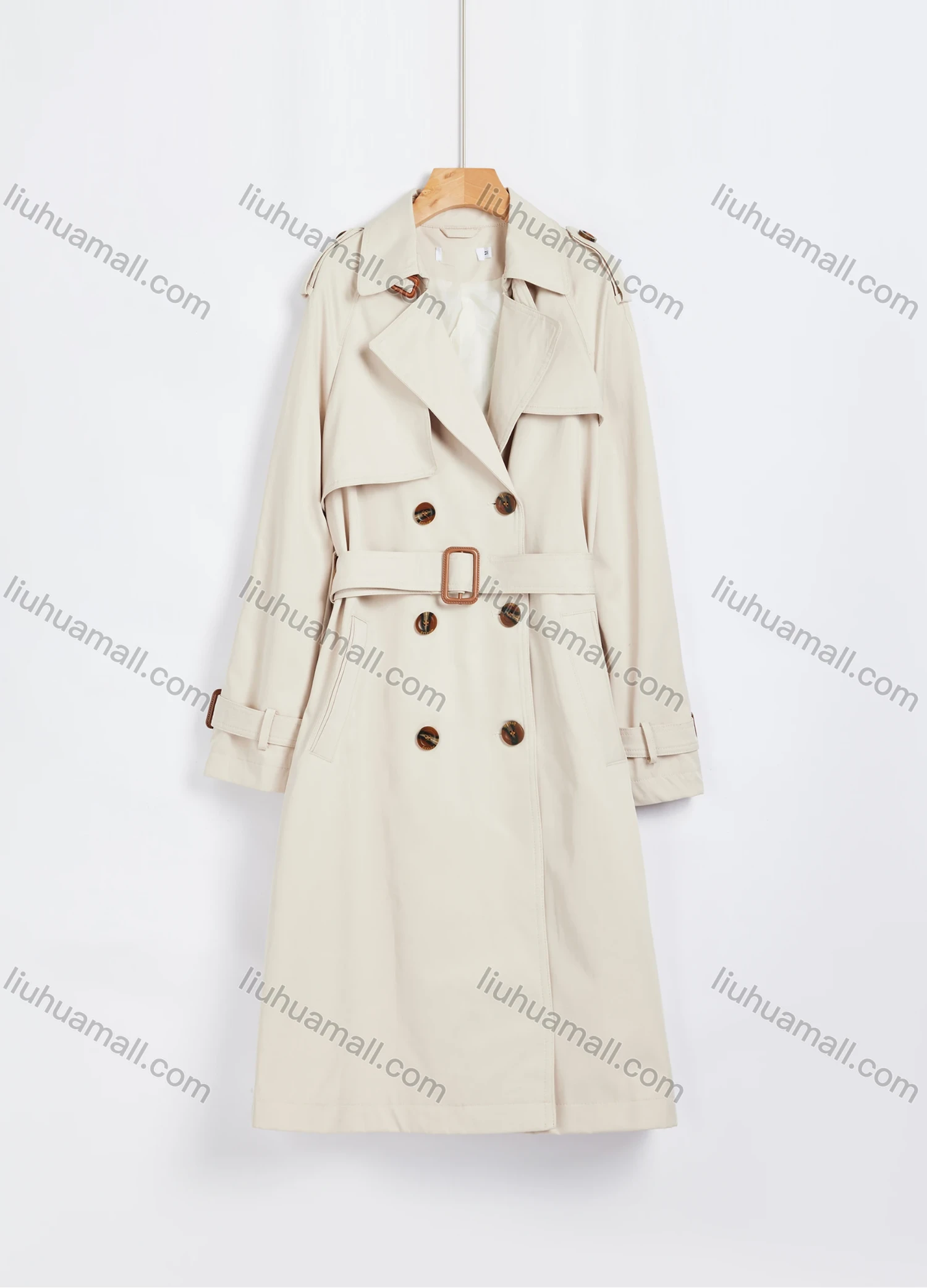 Wholesale Women's Lapel Double Breasted Patch Pocket Long Sleeve Plain Mid Length Trench Coat With Belt 2024-5# - Liuhuamall