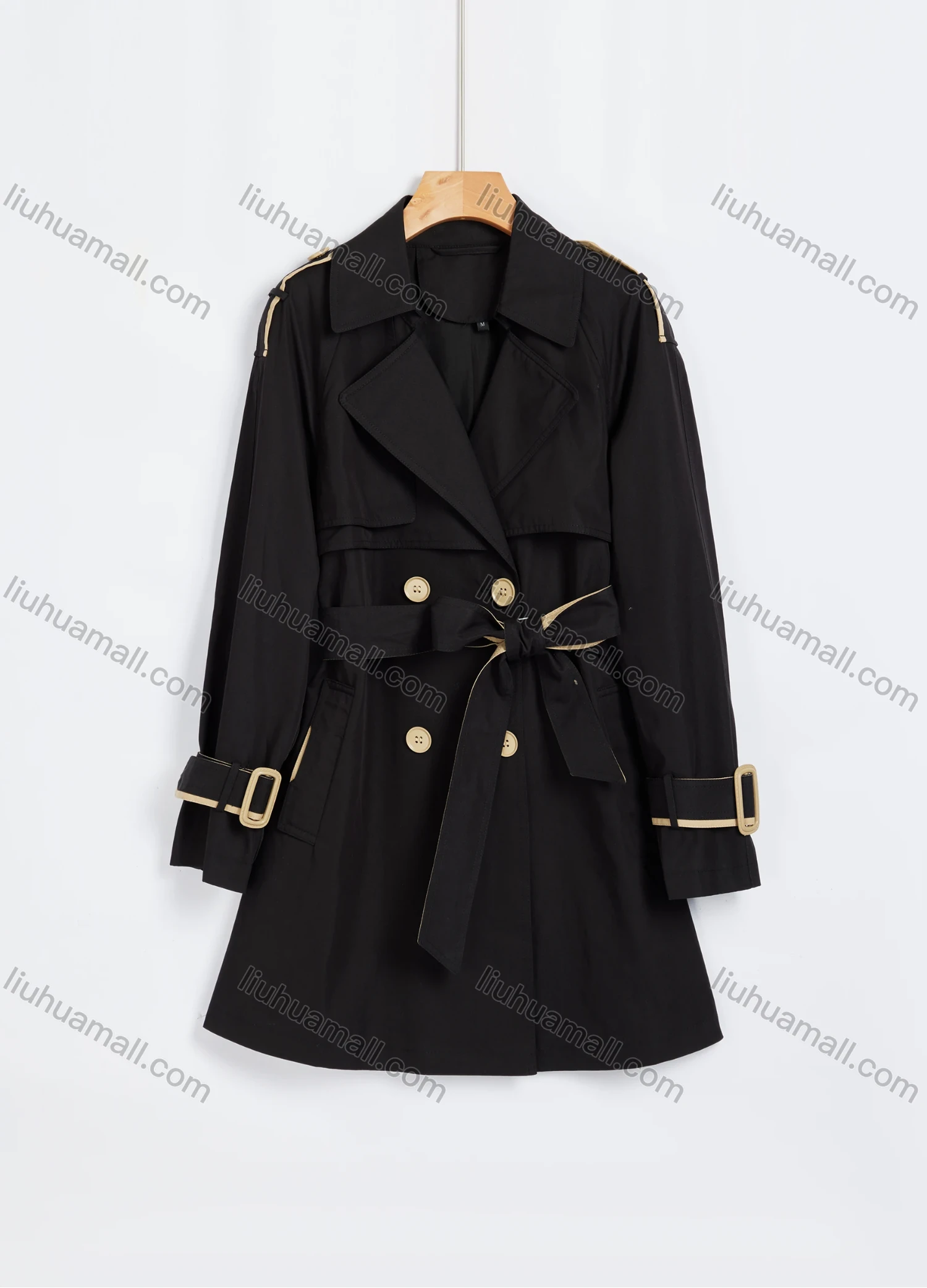 Wholesale Women's Casual Plain Contrast Lapel Long Sleeve Double Breasted Pocket Trench Coat With Belt 2024-1# - Liuhuamall