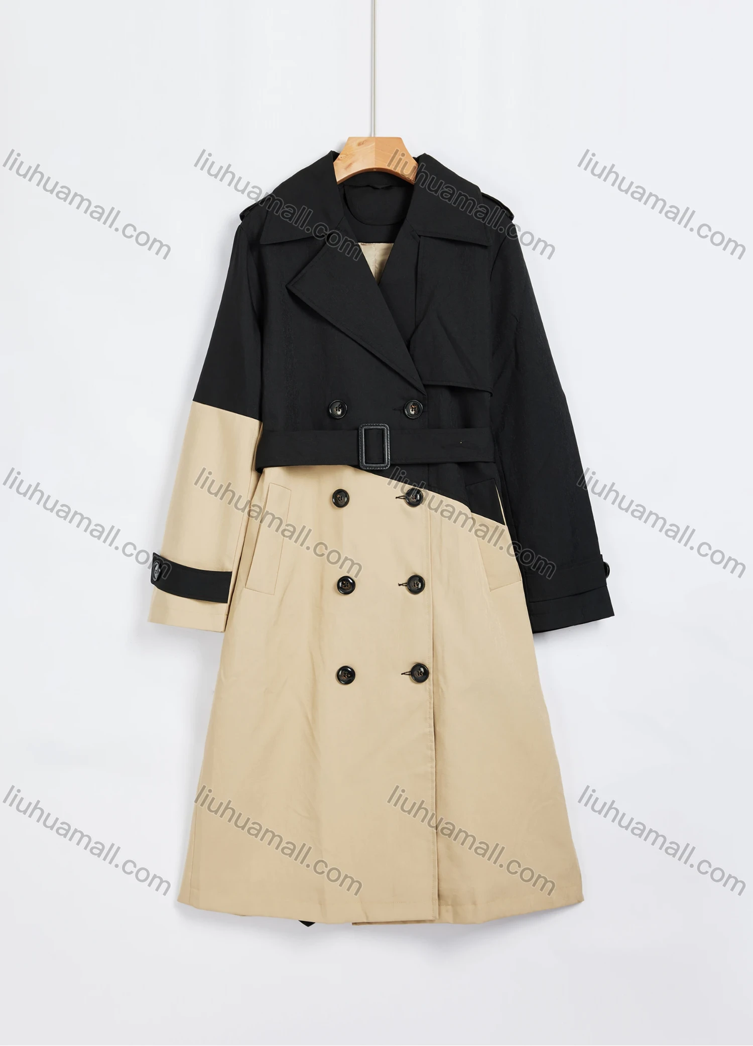 Wholesale Women's Colorblock Splicing Lapel Double Breasted Patch Pocket Long Sleeve Mid Length Trench Coat With Belt 2024-9# - Liuhuamall