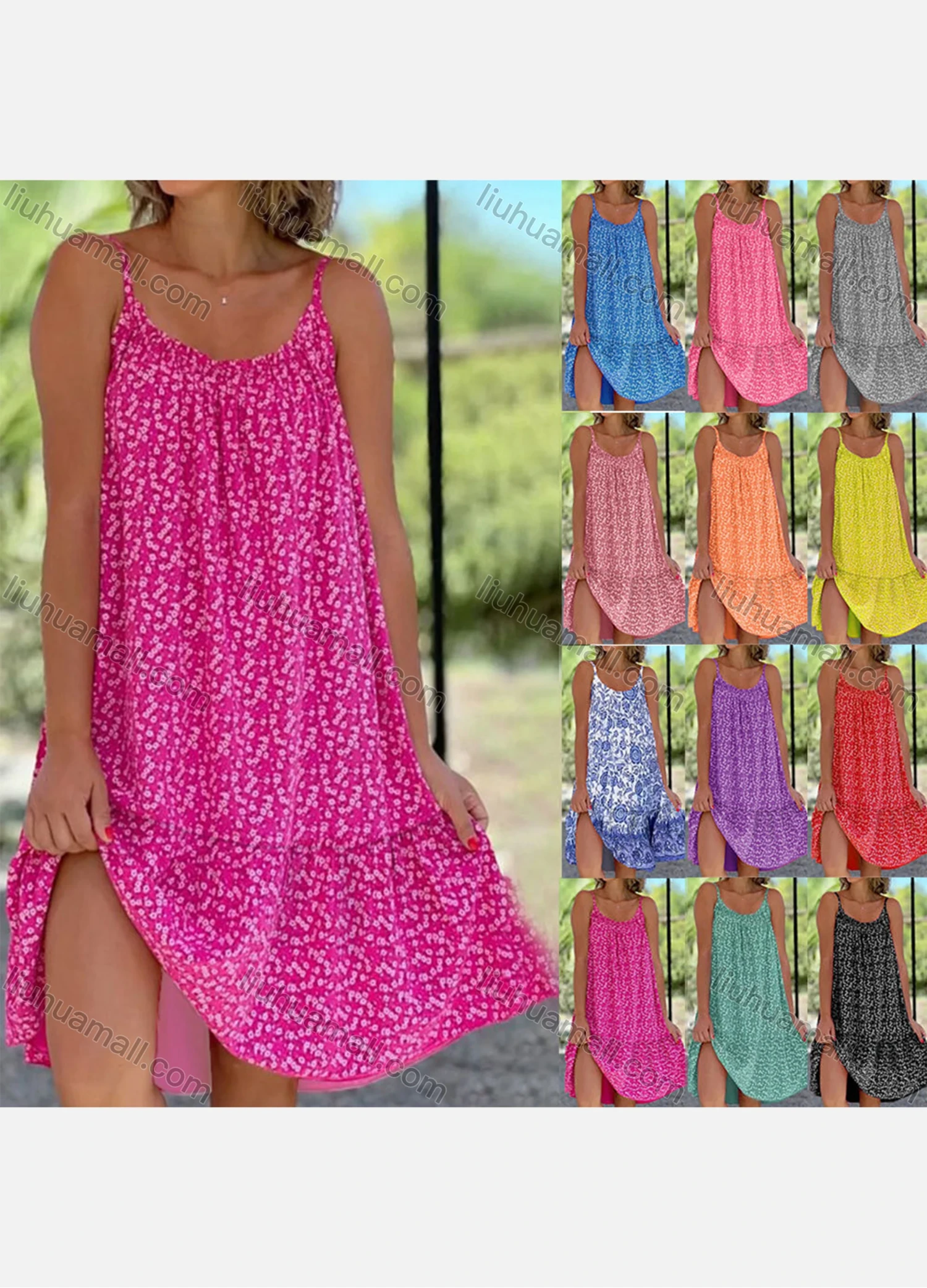 Wholesale Women's Casual Ditsy Floral Ruffle Trim Ruched Cami Short Dress - Liuhuamall