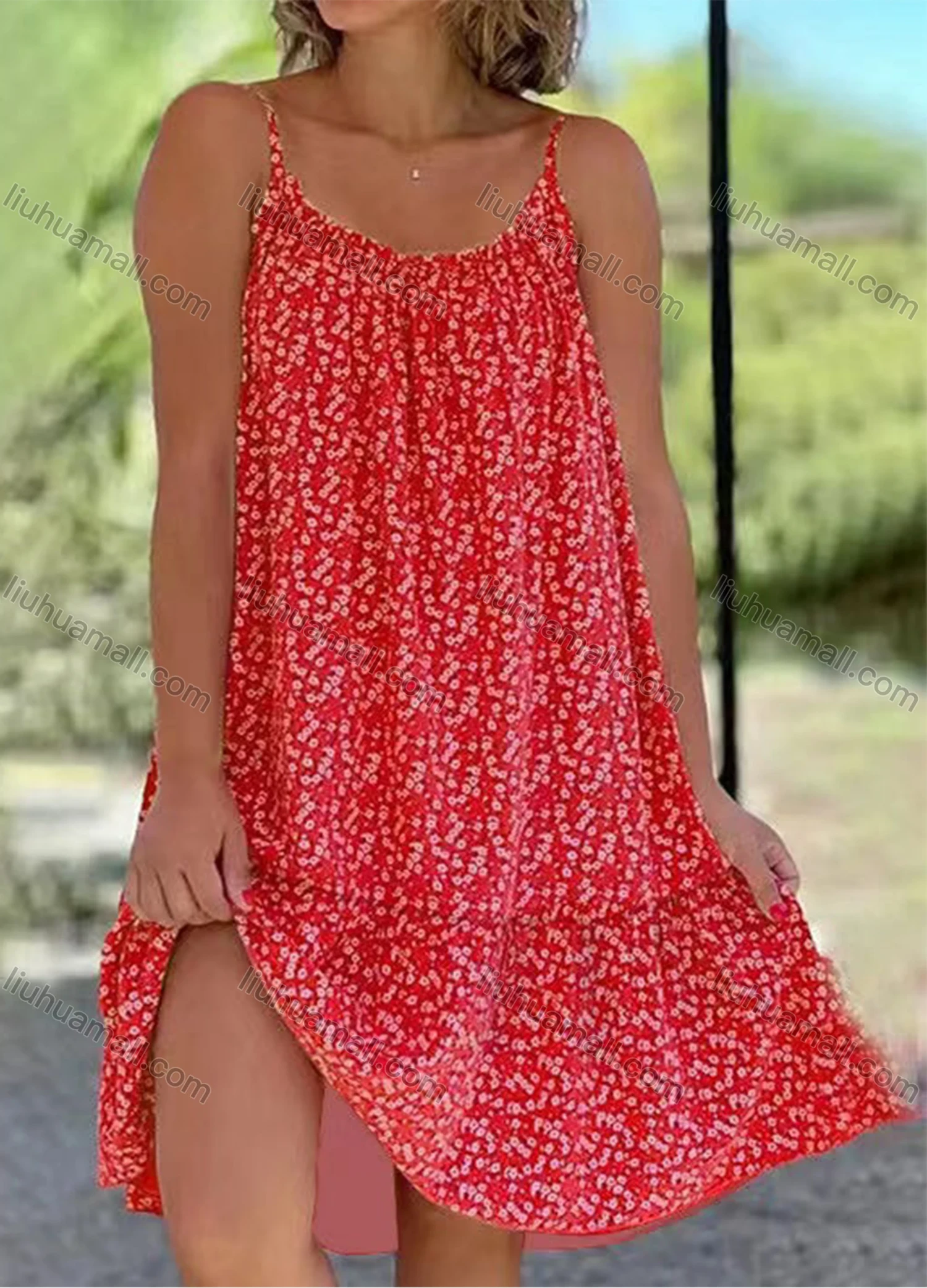 Wholesale Women's Casual Ditsy Floral Ruffle Trim Ruched Cami Short Dress - Liuhuamall