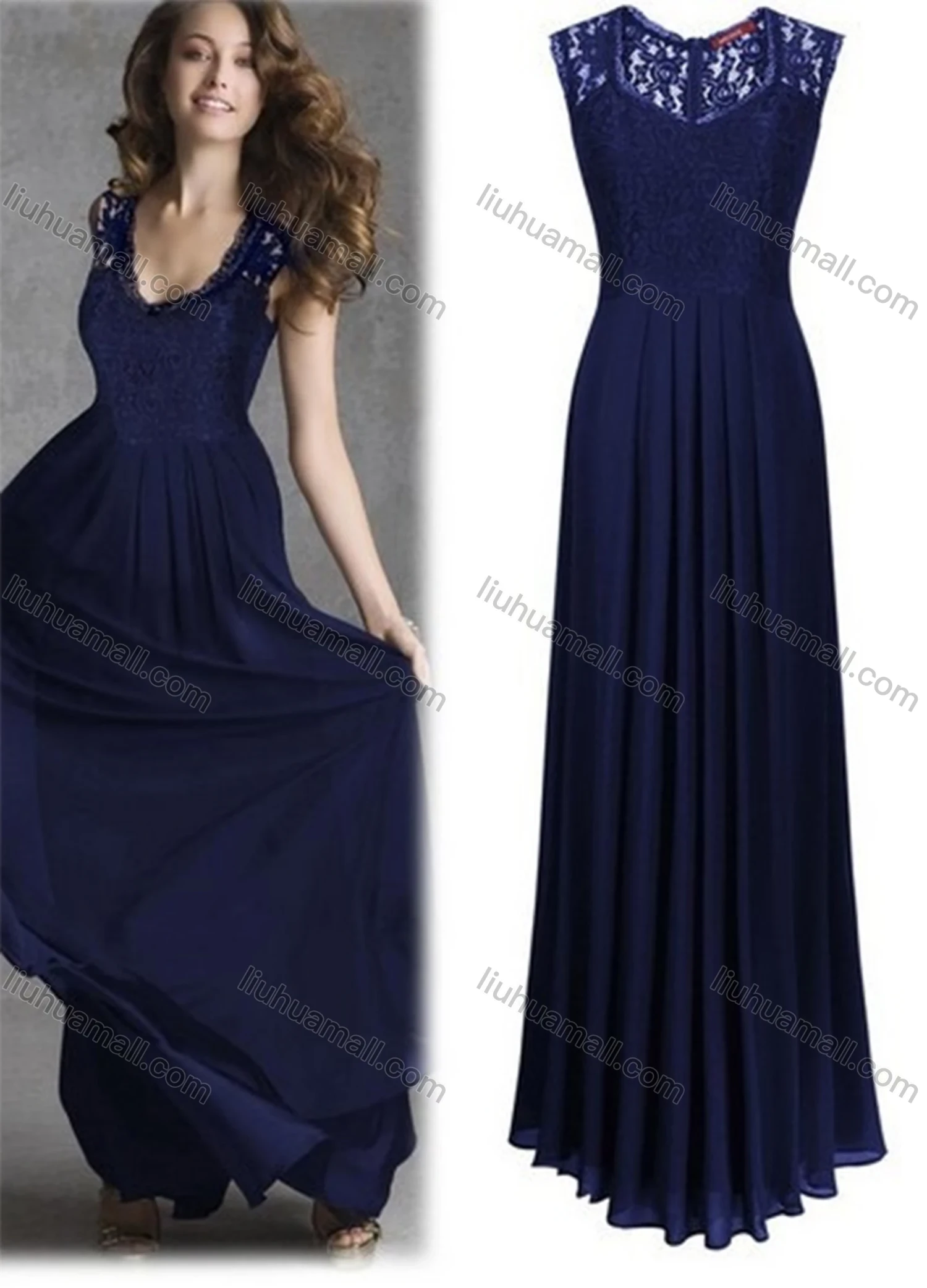 Wholesale Women's Elegant Plain Pleated Splicing Lace Trim High Waist Maxi Tank Evening Dress - Liuhuamall