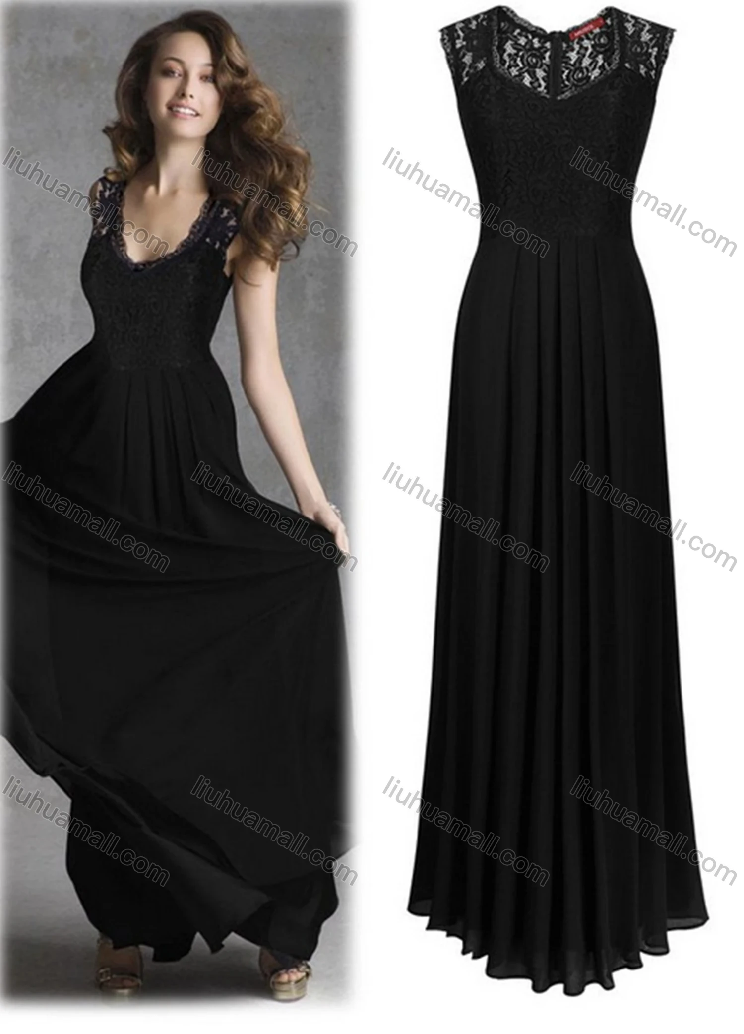 Wholesale Women's Elegant Plain Pleated Splicing Lace Trim High Waist Maxi Tank Evening Dress - Liuhuamall