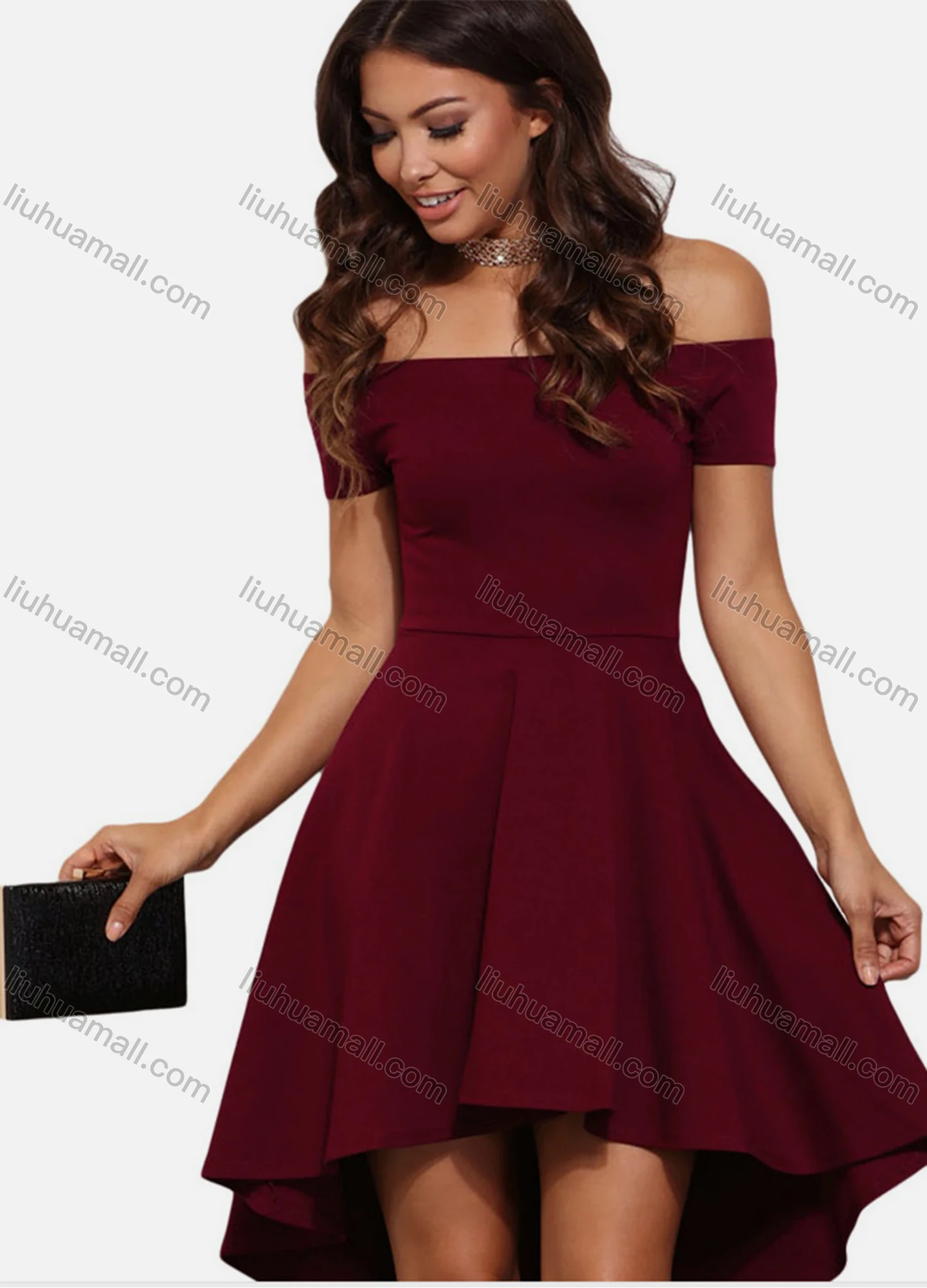 Wholesale Women's Elegant Plain Off Shoulder Short Sleeve High Low Hem High Waist Short Dress - Liuhuamall