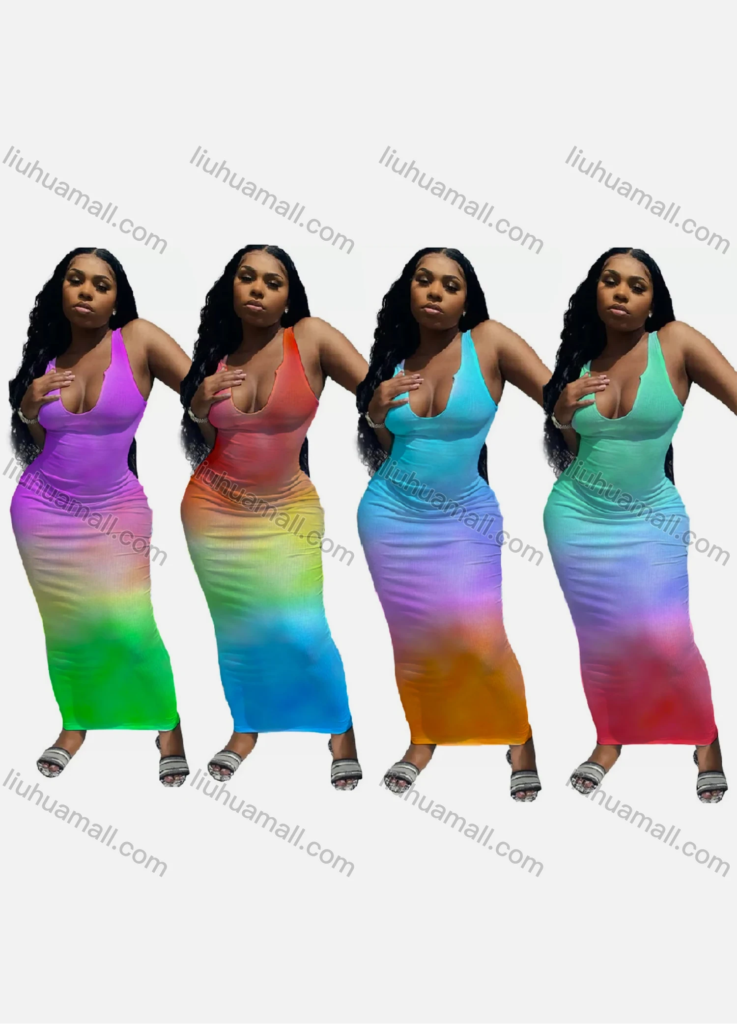 Wholesale Woman's Summer Fashion Gradient Slim Fit High Waist Halter Maxi Dress - Liuhuamall