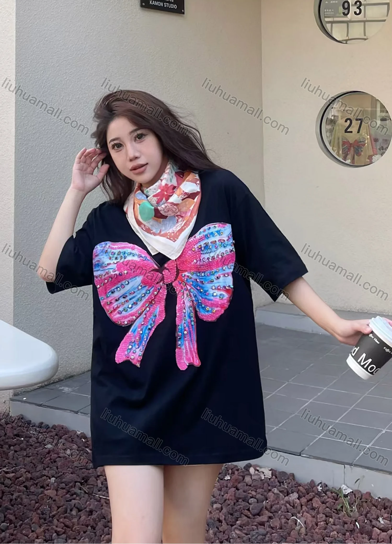 Wholesale Women's 100%Cotton Casual Round Neck Butterfly Rhinestone Short Sleeve Tee With Kerchief 0677-1# - Liuhuamall