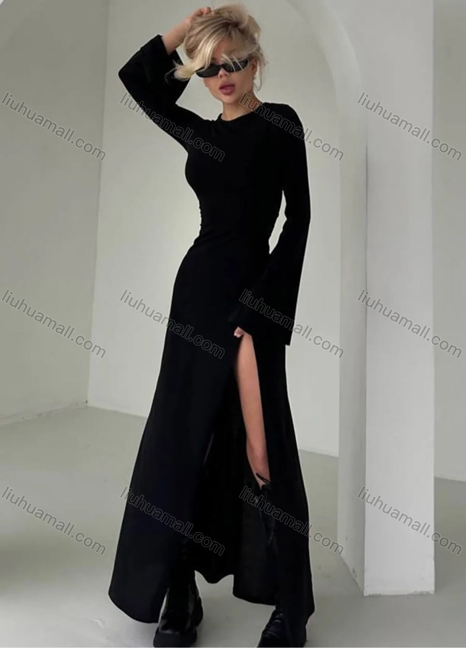 Wholesale Women's Elegant Plain Crew Neck Bell Sleeve Split Thigh Maxi Dress - Liuhuamall