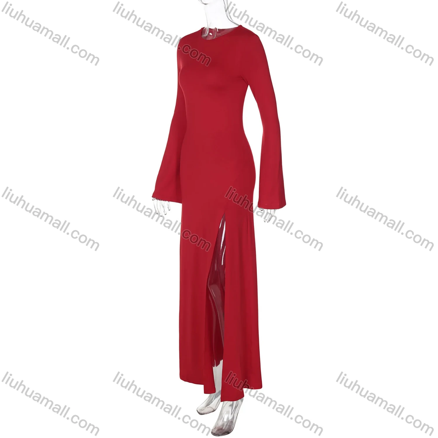 Wholesale Women's Elegant Plain Crew Neck Bell Sleeve Split Thigh Maxi Dress - Liuhuamall